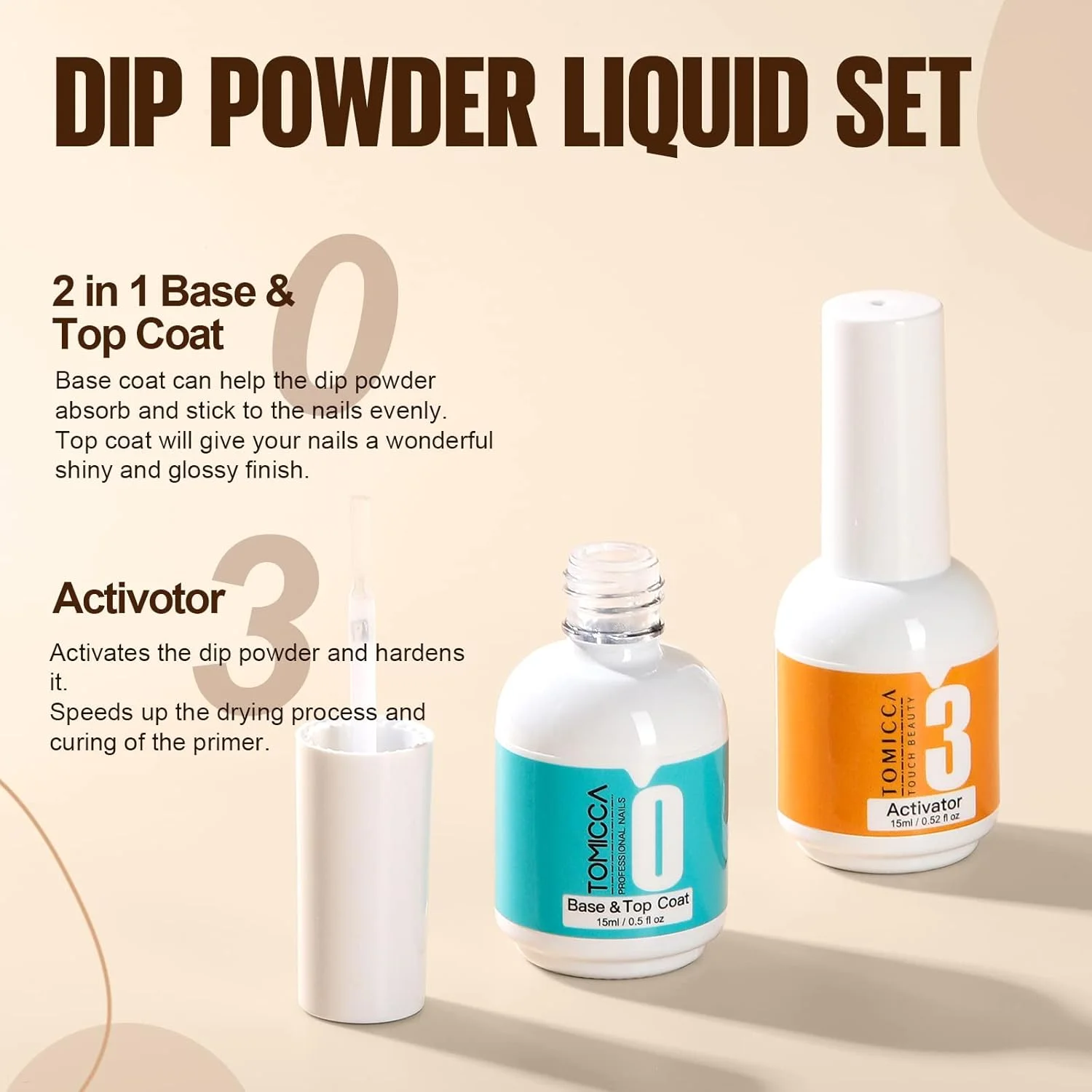 ست مایع پودر دیپینگ TOMICCA - بیس کت و تاپ کت و اکتیویتور پودر دیپینگ 15 میلی لیتری، ست مایع دیپینگ ناخن 2 در 1 برای کیت ناخن پودر دیپینگ