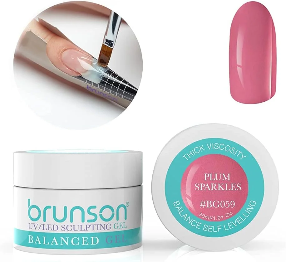 ژل بیلدر ناخن برانسون برای طراحی و کاشت ناخن، ژل UV بیلدر استتار، ژل متعادل کننده، سیستم ژل UV LED، ژل مانیکور، ژل رابر 30 میل، رنگ Plum Sparkle BG059