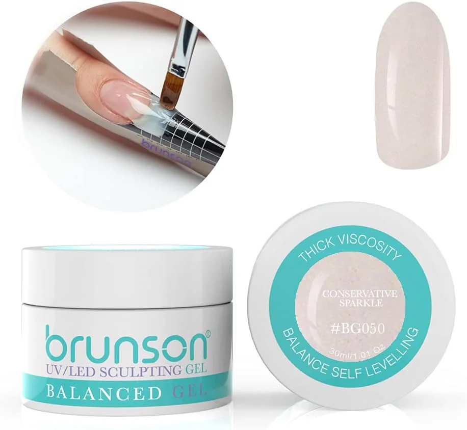 ژل بیلدر ناخن برانسون برای طراحی و کاشت ناخن، ژل بیلدر UV با قابلیت خودترازی، مناسب برای سیستم ژل ناخن، ژل مانیکور، ژل رابر، ۳۰ میل، رنگ Conservative Sparkle BG050