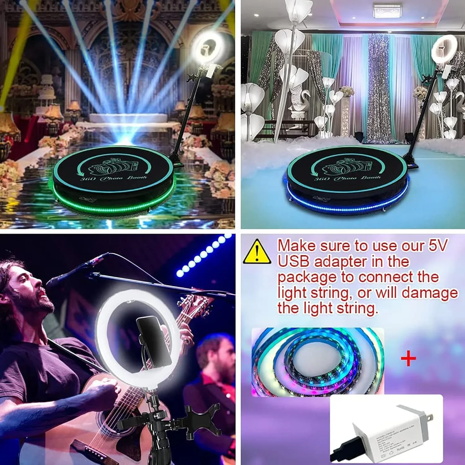 دستگاه عکسبرداری ۳۶۰ درجه برای مهمانی ها با لوگوی رایگان، حلقه نور، لوازم جانبی نگهدارنده سلفی، مناسب برای ۵ نفر، دارای کنترل از راه دور، چرخش اتوماتیک، پلتفرم اسپینر دوربین فیلمبرداری ۳۶۰