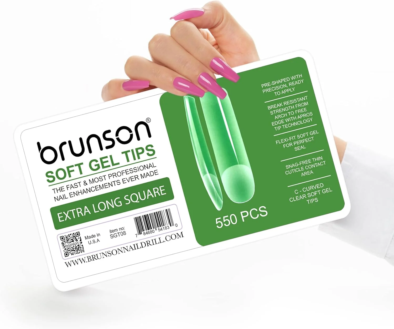 کیت نوک ژل نرم پوشش کامل Brunson برای کاشت ناخن با ژل، 550 عدد نوک ناخن ژل نرم شفاف، نوک ژل نرم شفاف پوشش کامل مربعی فوق العاده بلند