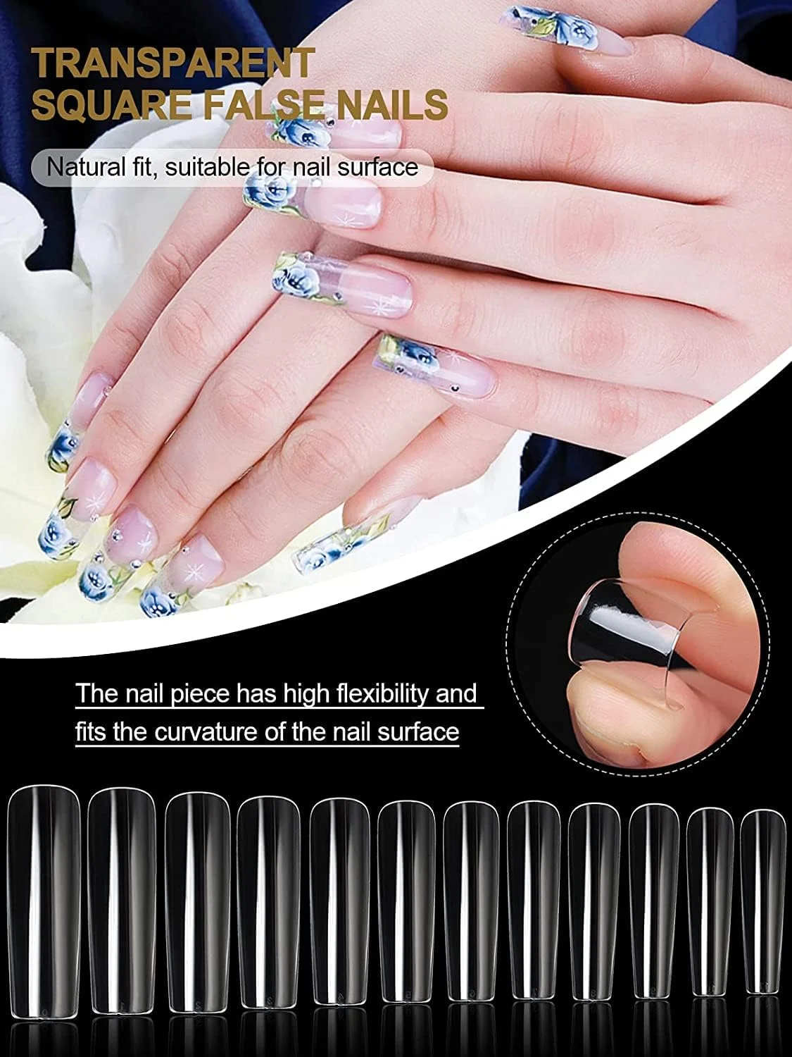 کیت نوک ژل نرم پوشش کامل Brunson برای کاشت ناخن با ژل، 550 عدد نوک ناخن ژل نرم شفاف، نوک ژل نرم شفاف پوشش کامل مربعی فوق العاده بلند