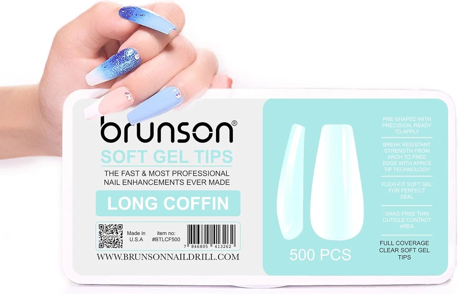کیت تیپ ناخن ژل نرم پوشش کامل برونسون برای کاشت ناخن ژلیش، 500 عدد، تیپ ناخن ژل نرم شفاف، مدل تابوت متوسط، پوشش کامل