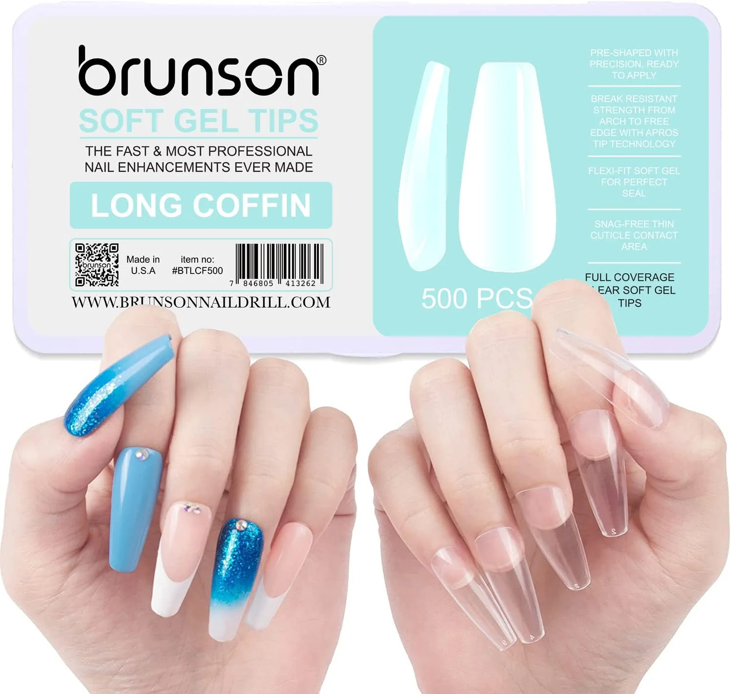 کیت تیپ ناخن ژل نرم پوشش کامل برونسون برای کاشت ناخن ژلیش، 500 عدد، تیپ ناخن ژل نرم شفاف، مدل تابوت متوسط، پوشش کامل