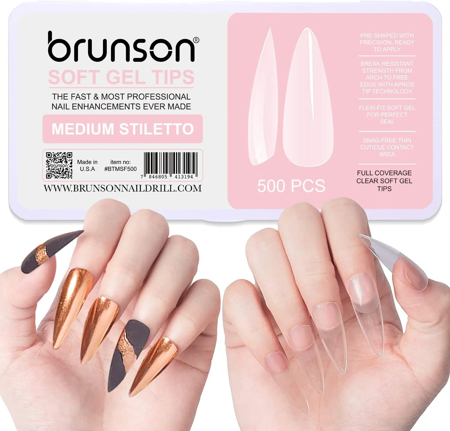 کیت نوک ناخن ژل نرم پوشش کامل برانسون برای اکستنشن ناخن خیساندنی، 500 عدد نوک ناخن ژل نرم شفاف، استیلتو متوسط، پوشش کامل، 500 عدد در 11 سایز