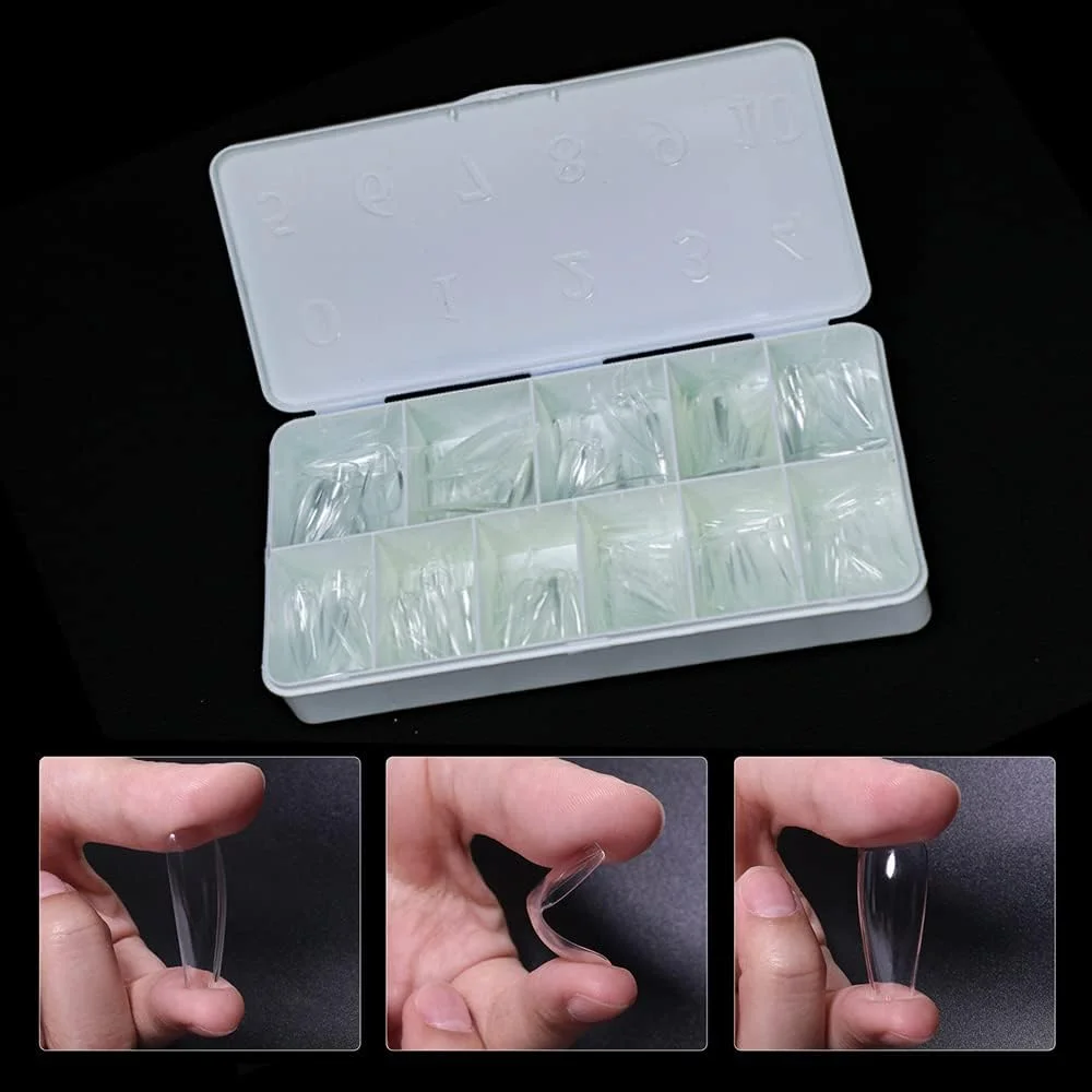 کیت نوک ناخن ژل نرم پوشش کامل برانسون برای اکستنشن ناخن خیساندنی، 500 عدد نوک ناخن ژل نرم شفاف، استیلتو متوسط، پوشش کامل، 500 عدد در 11 سایز