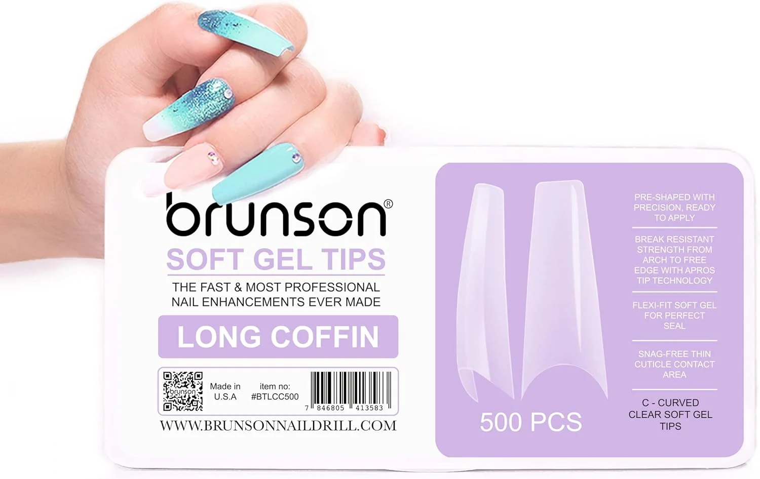 کیت تیپ ناخن ژل نرم پوشش کامل برونسون برای کاشت ناخن خیساندنی، 500 عدد تیپ ناخن ژل نرم شفاف، تیپ های ژل نرم شفاف تابوتی بلند C-منحنی