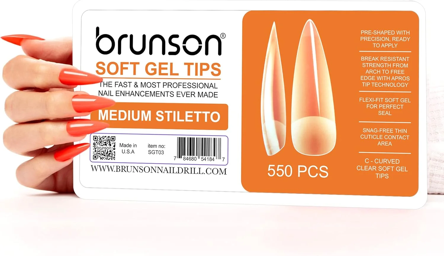 کیت نوک ناخن ژل نرم پوشش کامل برونسون برای کاشت ناخن 550 عددی، نوک ناخن ژل نرم شفاف، استیلتو متوسط، پوشش کامل نوک ژل نرم شفاف