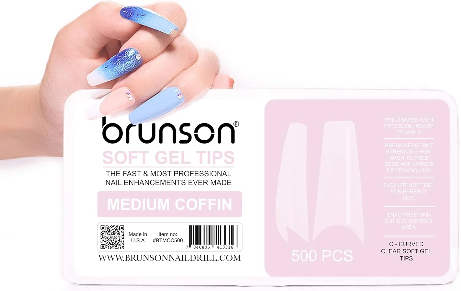 کیت نوک ژل نرم Brunson، کیت نوک پوشش کامل برای اکستنشن ناخن با قابلیت خیساندن، 500 عدد نوک ناخن ژل نرم شفاف، نوک ناخن ژل نرم شفاف تابوتی متوسط C-منحنی، ناخن های مصنوعی فشاری در 11 سایز