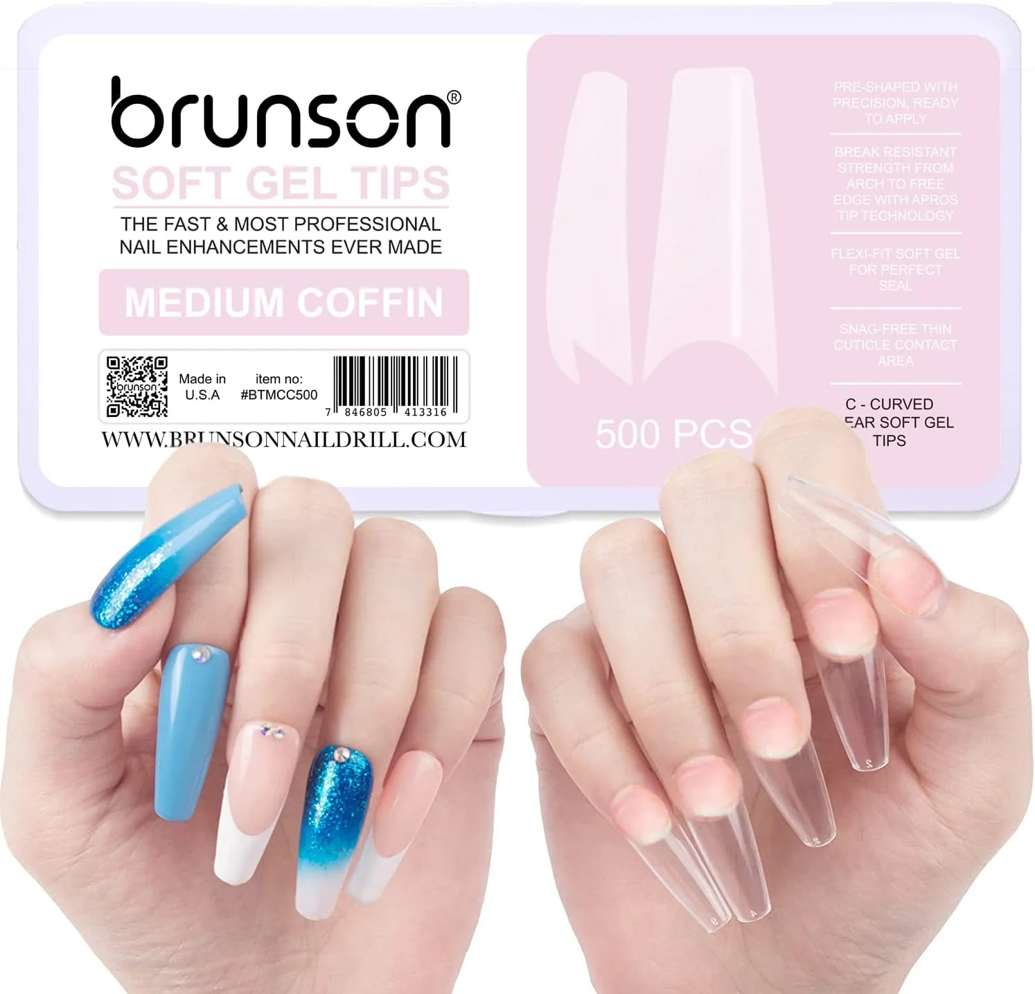 کیت نوک ژل نرم Brunson، کیت نوک پوشش کامل برای اکستنشن ناخن با قابلیت خیساندن، 500 عدد نوک ناخن ژل نرم شفاف، نوک ناخن ژل نرم شفاف تابوتی متوسط C-منحنی، ناخن های مصنوعی فشاری در 11 سایز