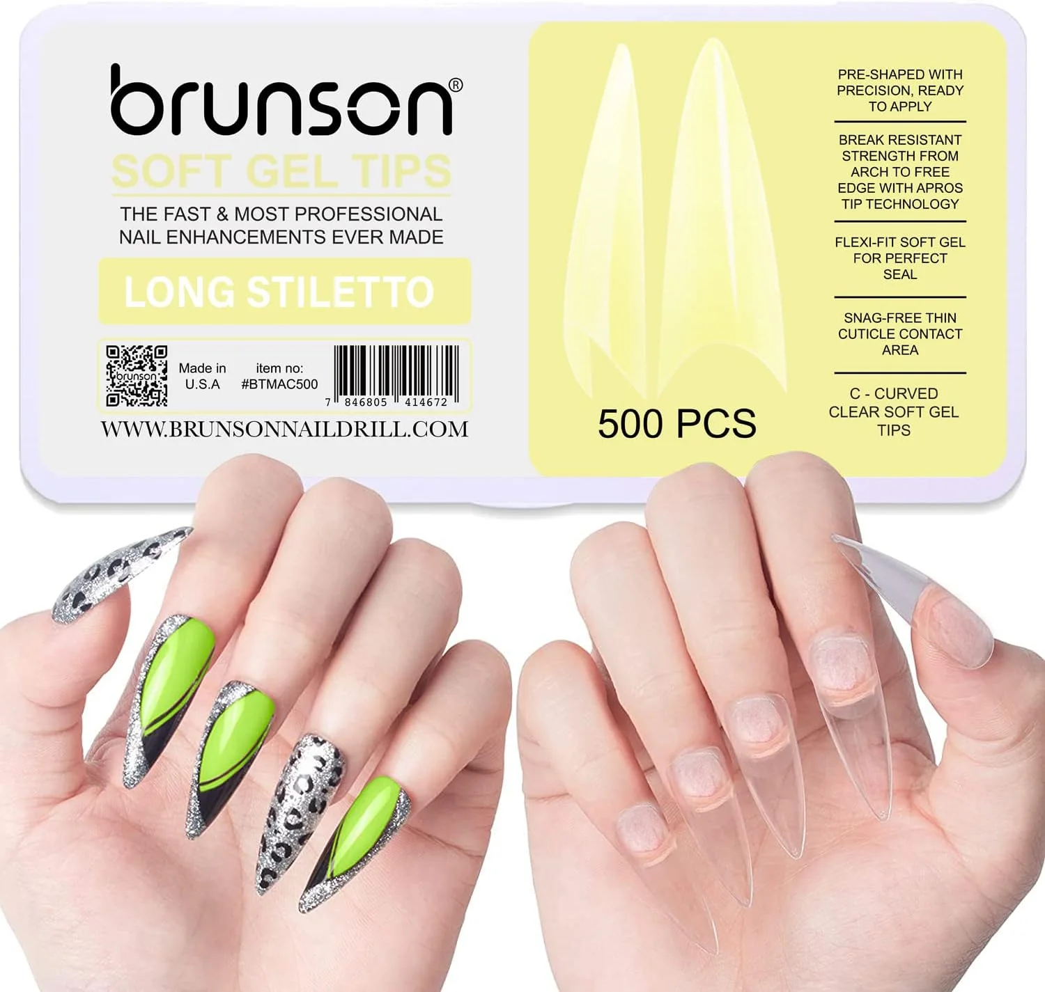 نکات ناخن برانسون 500 عددی، ناخن های مصنوعی، ژل نرم شفاف، ناخن های بلند استیلتو C-منحنی، نوک ناخن فرانسوی شفاف، ناخن های مصنوعی با جعبه، اکستنشن ناخن مصنوعی برای سالن های ناخن و هنر ناخن DIY BTMAC500