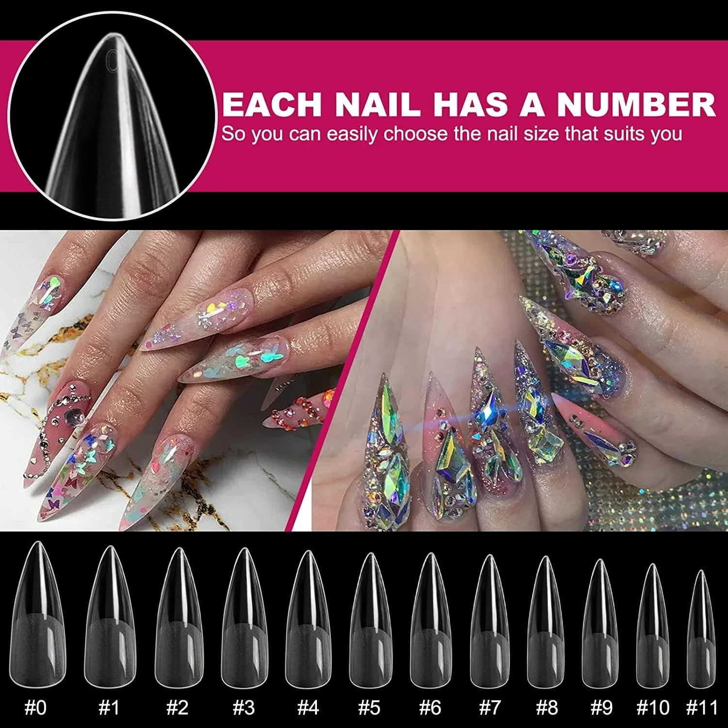 کیت نوک ناخن ژل نرم پوشش کامل برونسون برای کاشت ناخن 550 عددی، نوک ناخن ژل نرم شفاف، استیلتو متوسط، پوشش کامل نوک ژل نرم شفاف