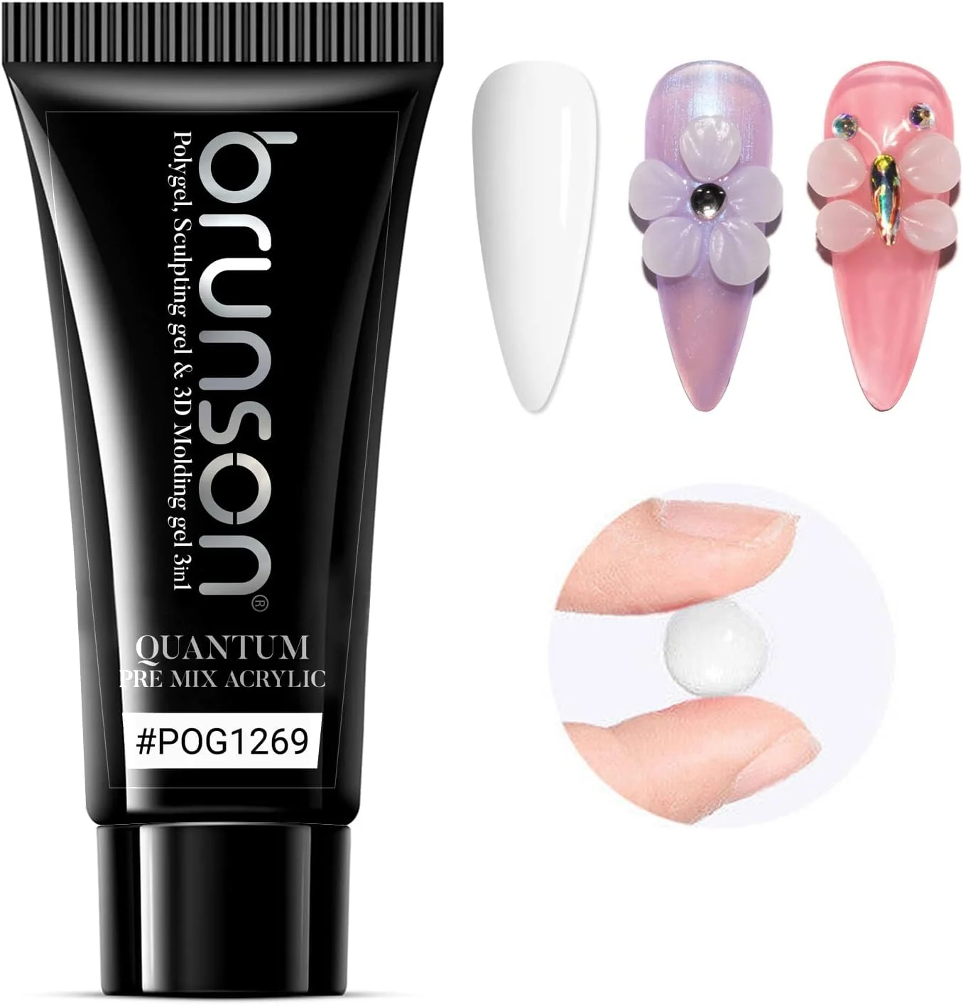 ژل اکریلیک از پیش مخلوط شده Brunson Quantum 3in1، ژل پولی برای کاشت ناخن، ناخن های ژلی اکریلیک، ژل قالب گیری سه بعدی، ژل سازنده تقویت کننده ناخن، ژل مجسمه سازی برای کاشت ناخن، ناخن های فرانسوی همه کاره 60 گرمی