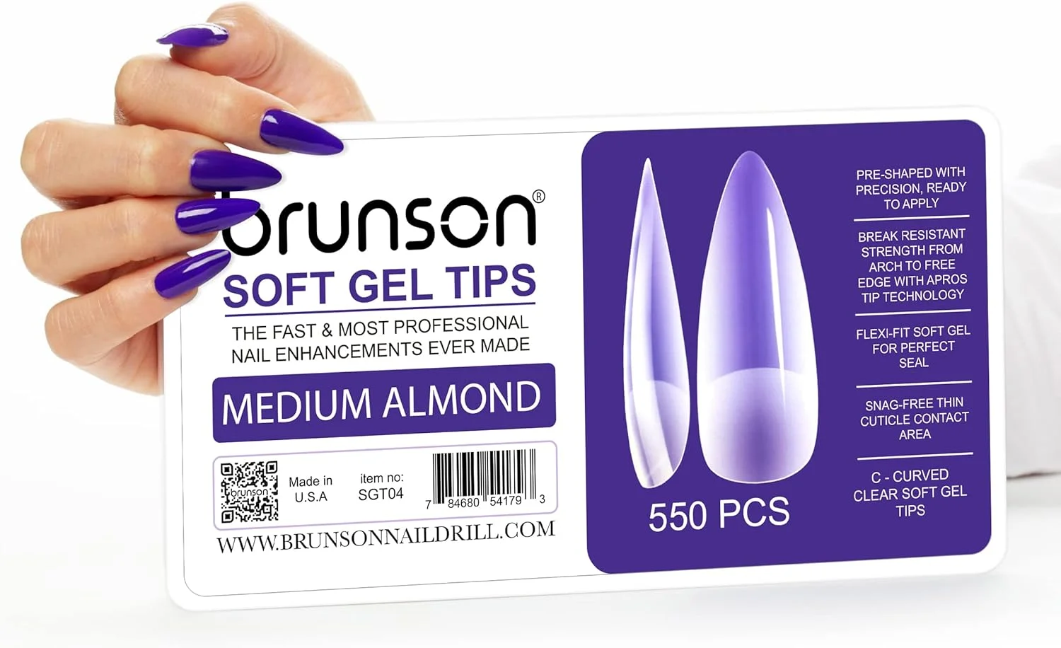 کیت نوک ژل نرم پوشش کامل Brunson برای کاشت ناخن 550 عددی، نوک ژل نرم شفاف، بادامی متوسط، پوشش کامل