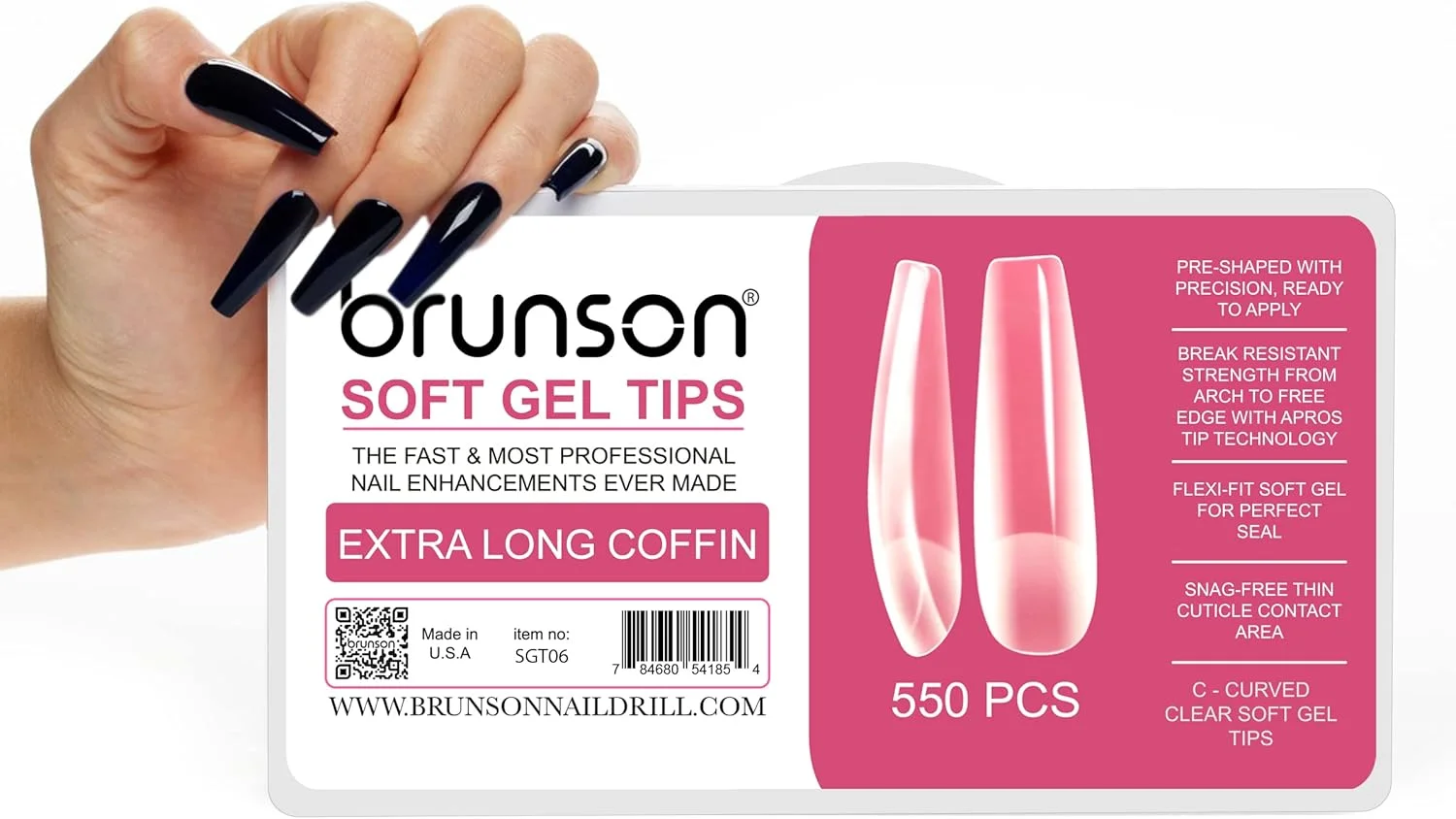کیت نوک ناخن ژل نرم پوشش کامل برونسون برای اکستنشن ناخن 550 عددی، نوک ناخن ژل نرم شفاف، نوک ژل نرم شفاف پوشش کامل تابوتی فوق العاده بلند