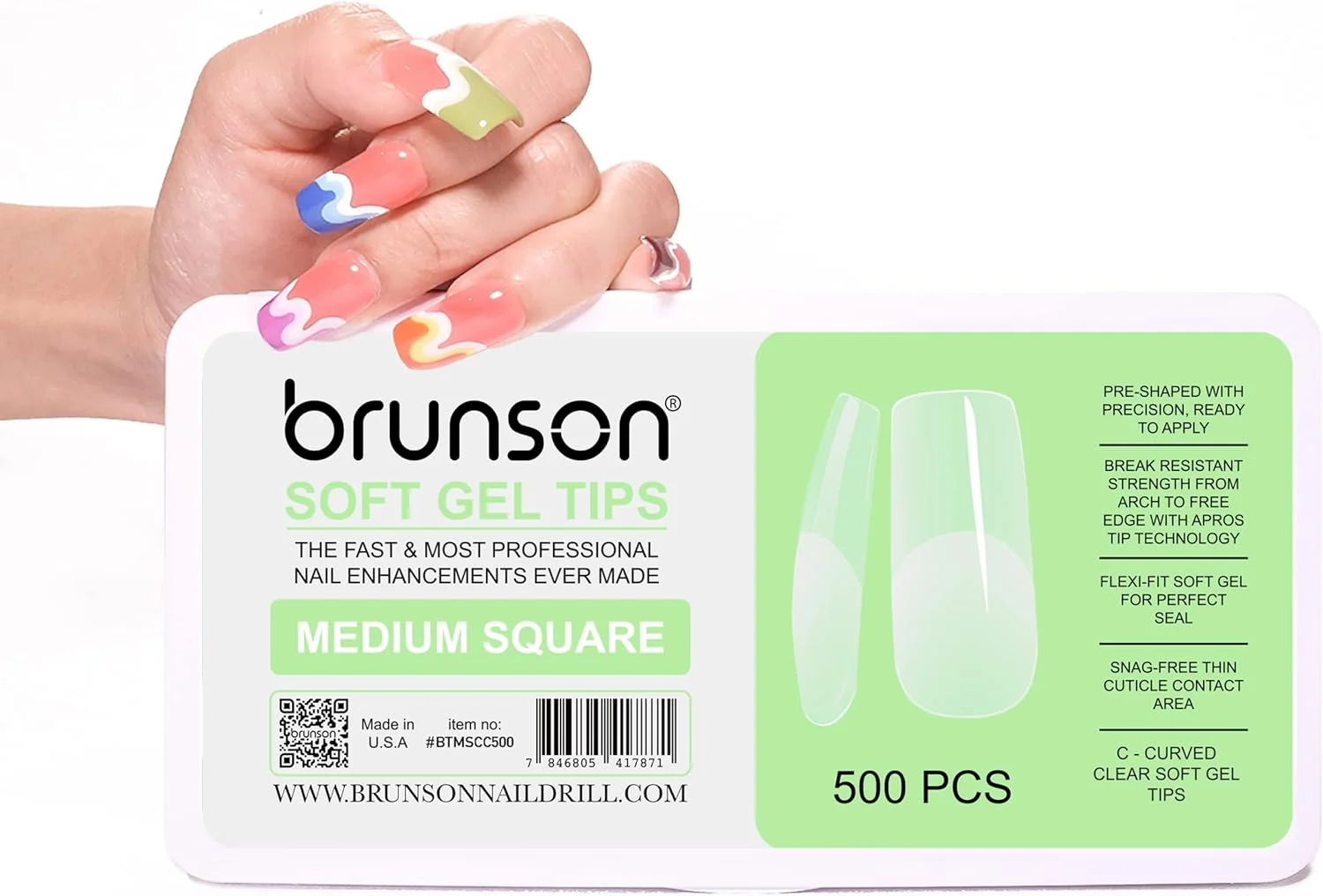 ست کامل تیپ های ژل نرم Brunson برای کاشت ناخن، 500 عدد، تیپ های ژل نرم شفاف، تیپ های ژل نرم مربعی متوسط C-منحنی، 500 عدد تیپ ناخن در 11 سایز