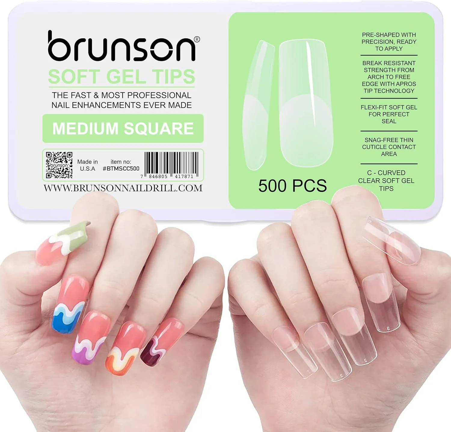 ست کامل تیپ های ژل نرم Brunson برای کاشت ناخن، 500 عدد، تیپ های ژل نرم شفاف، تیپ های ژل نرم مربعی متوسط C-منحنی، 500 عدد تیپ ناخن در 11 سایز