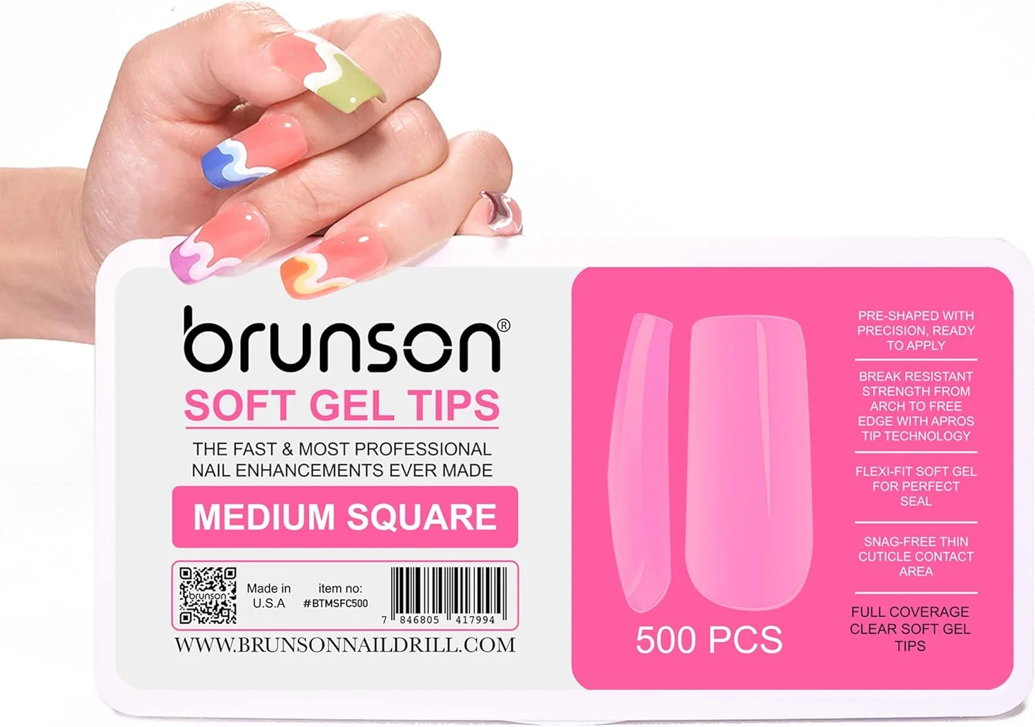 کیت تیپ ناخن ژل نرم پوشش کامل برانسون برای کاشت ناخن ژلیش 500 عددی، تیپ ناخن ژل نرم شفاف، تیپ ناخن ژل نرم، تیپ ناخن ژل نرم، تیپ ناخن ژل نرم شفاف بلند مدل تابوتی C-منحنی