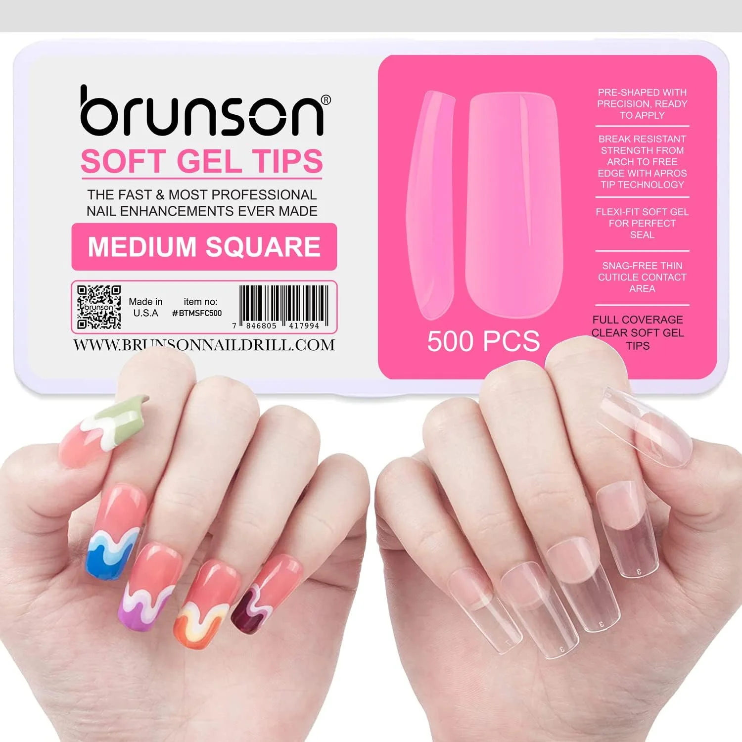 کیت تیپ ناخن ژل نرم پوشش کامل برانسون برای کاشت ناخن ژلیش 500 عددی، تیپ ناخن ژل نرم شفاف، تیپ ناخن ژل نرم، تیپ ناخن ژل نرم، تیپ ناخن ژل نرم شفاف بلند مدل تابوتی C-منحنی