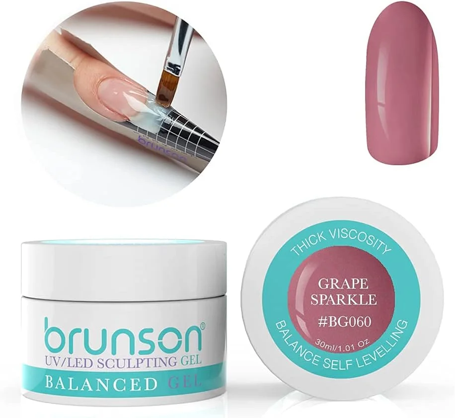 ژل بیلدر ناخن برانسون برای طراحی و فرم دهی، ژل UV استتار، ژل متعادل کننده، سیستم ژل طراحی ناخن با نور UV LED، ژل مانیکور، ژل رابر 30 میل، مدل Grap Sparkle BG060