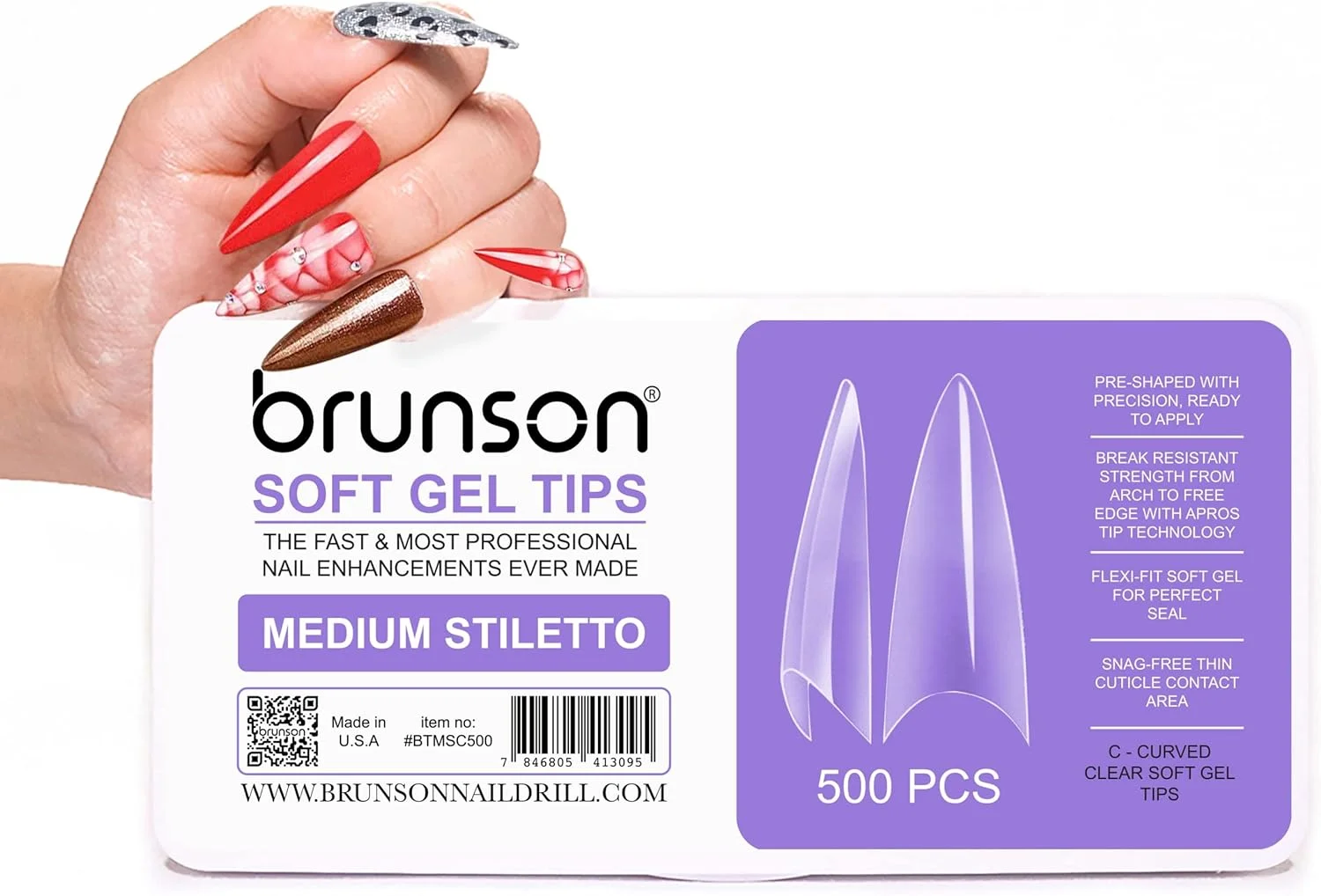 کیت تیپ ناخن ژل نرم پوشش کامل برونسون، 500 عدد تیپ ناخن ژل نرم شفاف، تیپ های ژل نرم شفاف تابوتی بلند C-منحنی