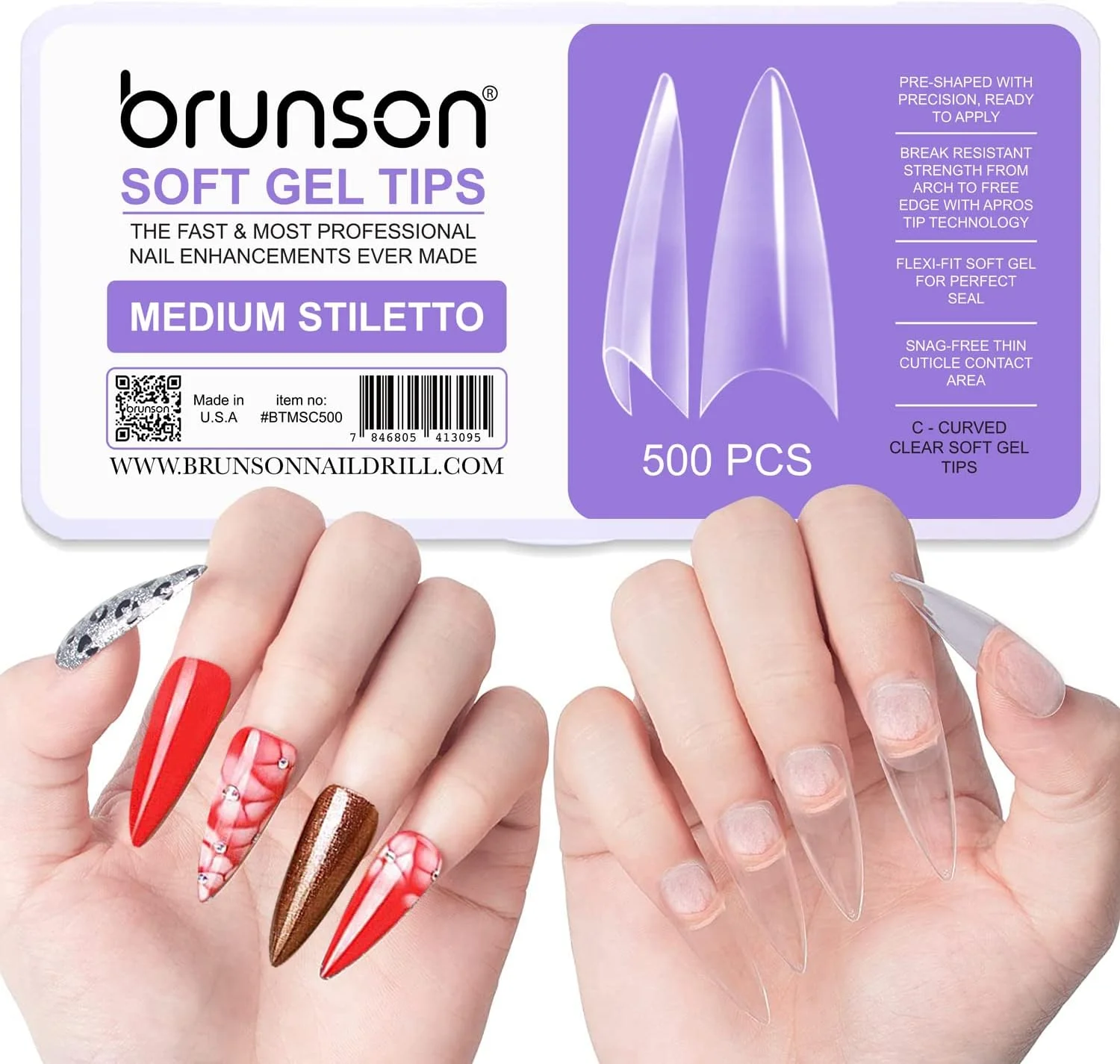 کیت تیپ ناخن ژل نرم پوشش کامل برونسون، 500 عدد تیپ ناخن ژل نرم شفاف، تیپ های ژل نرم شفاف تابوتی بلند C-منحنی