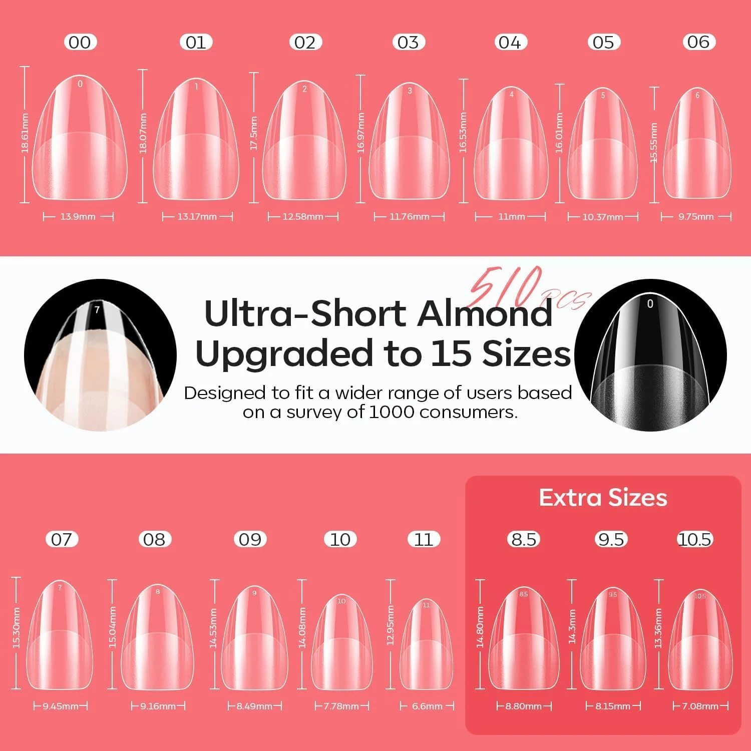 ست ناخن ژلی بادامی Modelones، ناخن مصنوعی ارتقا یافته در 15 سایز 510 عددی، چسب 9 در 1، آماده‌ساز و دهیدراتور و مینی چراغ U V قابل حمل، کیت اکستنشن ناخن با نوک بادامی خیلی کوتاه