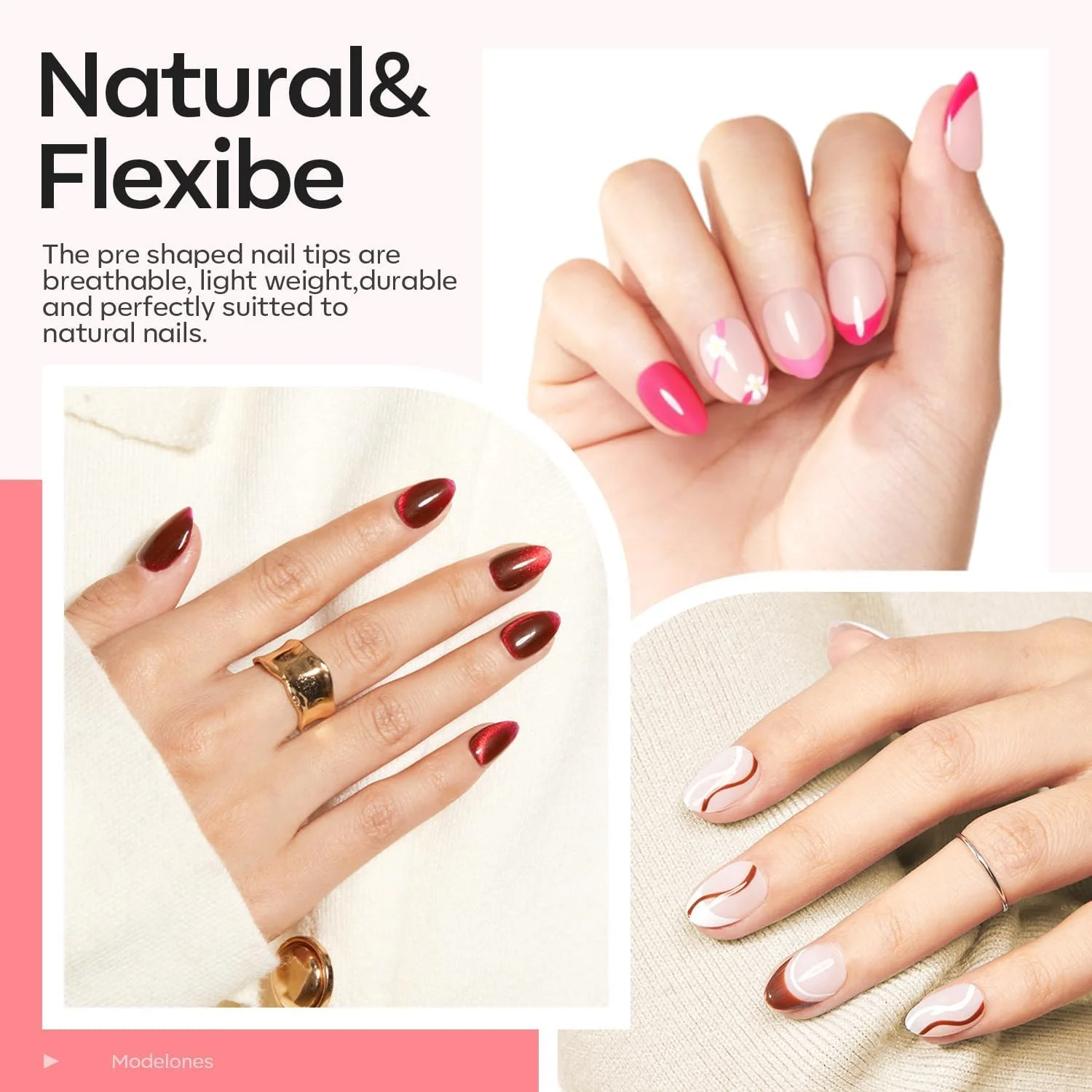 ست ناخن ژلی بادامی Modelones، ناخن مصنوعی ارتقا یافته در 15 سایز 510 عددی، چسب 9 در 1، آماده‌ساز و دهیدراتور و مینی چراغ U V قابل حمل، کیت اکستنشن ناخن با نوک بادامی خیلی کوتاه
