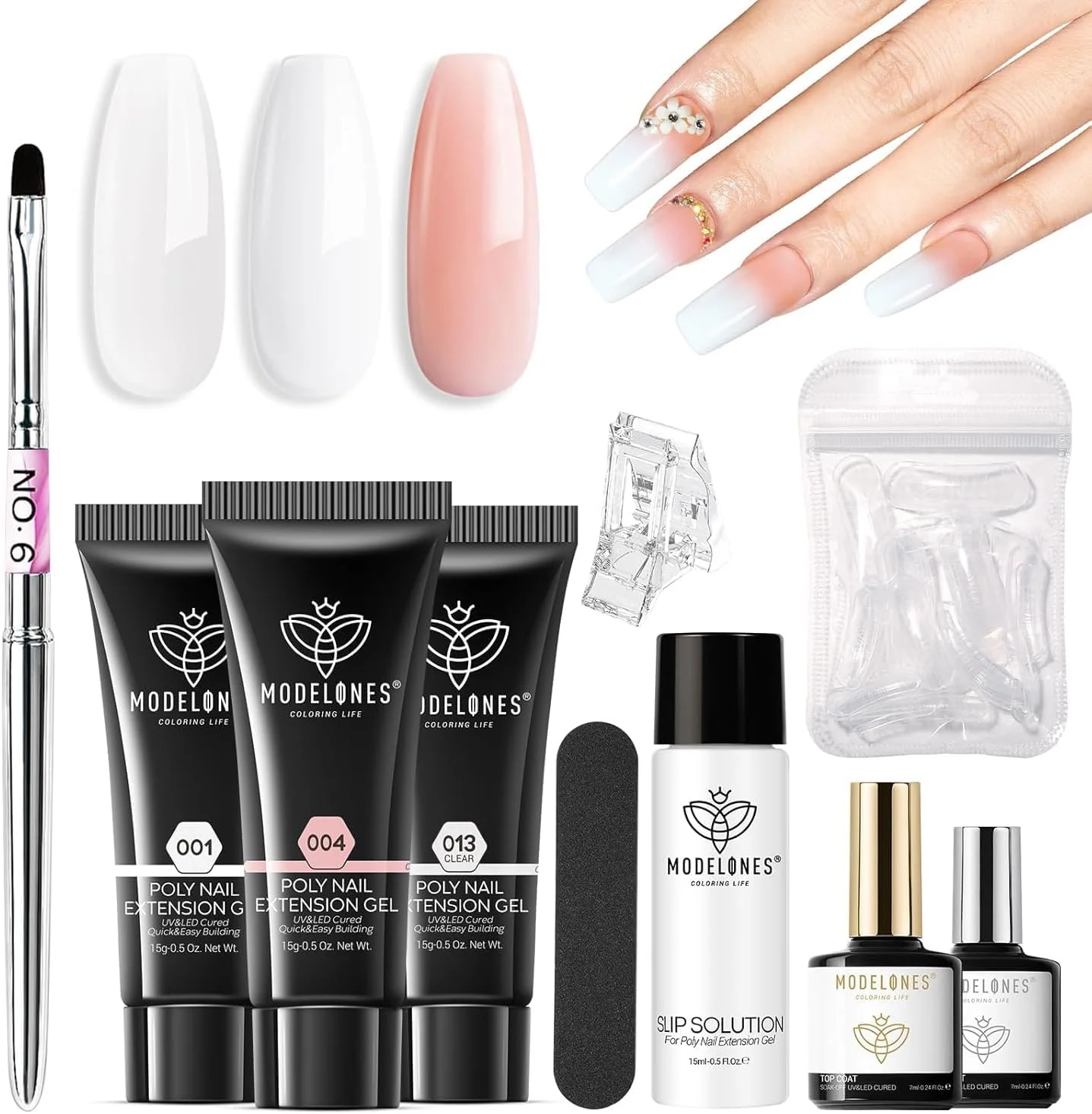 ست ژل پولی ناخن Modelones، ۳ رنگ سفید، شفاف و زردآلویی، همراه با محلول لغزنده، قالب های دوگانه ناخن، تاپ کت و بیس کت، ژل سازنده اکستنشن، ست حرفه ای مبتدی برای استفاده در سالن های هنری و DIY