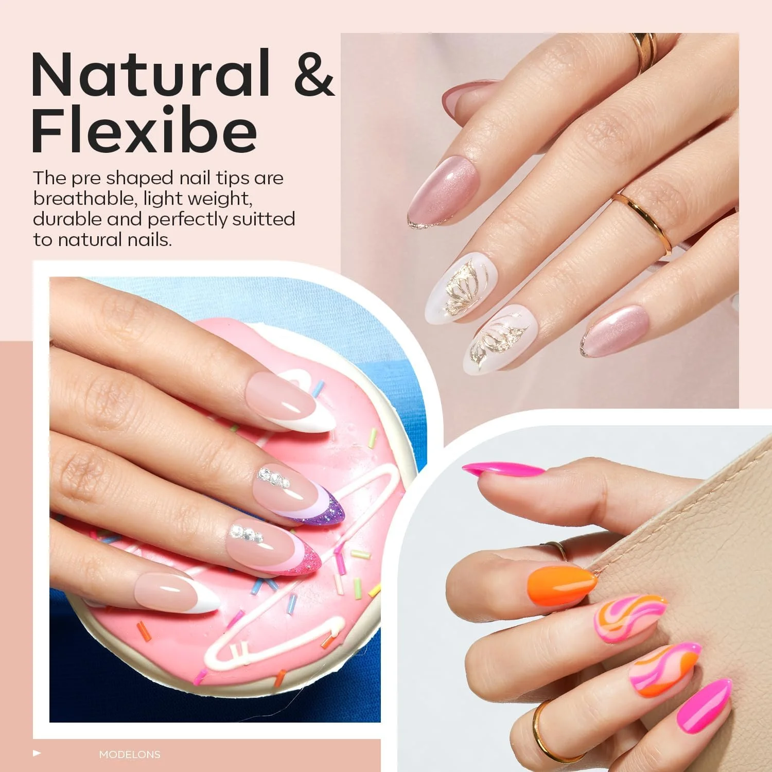 ست ناخن ژلی مدلونز، شامل تیپ های ناخن بادامی کوتاه، چسب ناخن 9 در 1 به همراه لامپ یو وی قابل حمل، 216 عدد تیپ ناخن مصنوعی اکریلیک در 12 سایز مختلف، مناسب برای طراحی و دیزاین ناخن در خانه، هدیه ای برای بانوان