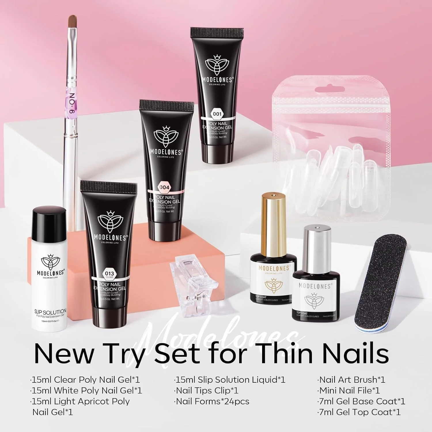 ست ژل پولی ناخن Modelones، ۳ رنگ سفید، شفاف و زردآلویی، همراه با محلول لغزنده، قالب های دوگانه ناخن، تاپ کت و بیس کت، ژل سازنده اکستنشن، ست حرفه ای مبتدی برای استفاده در سالن های هنری و DIY