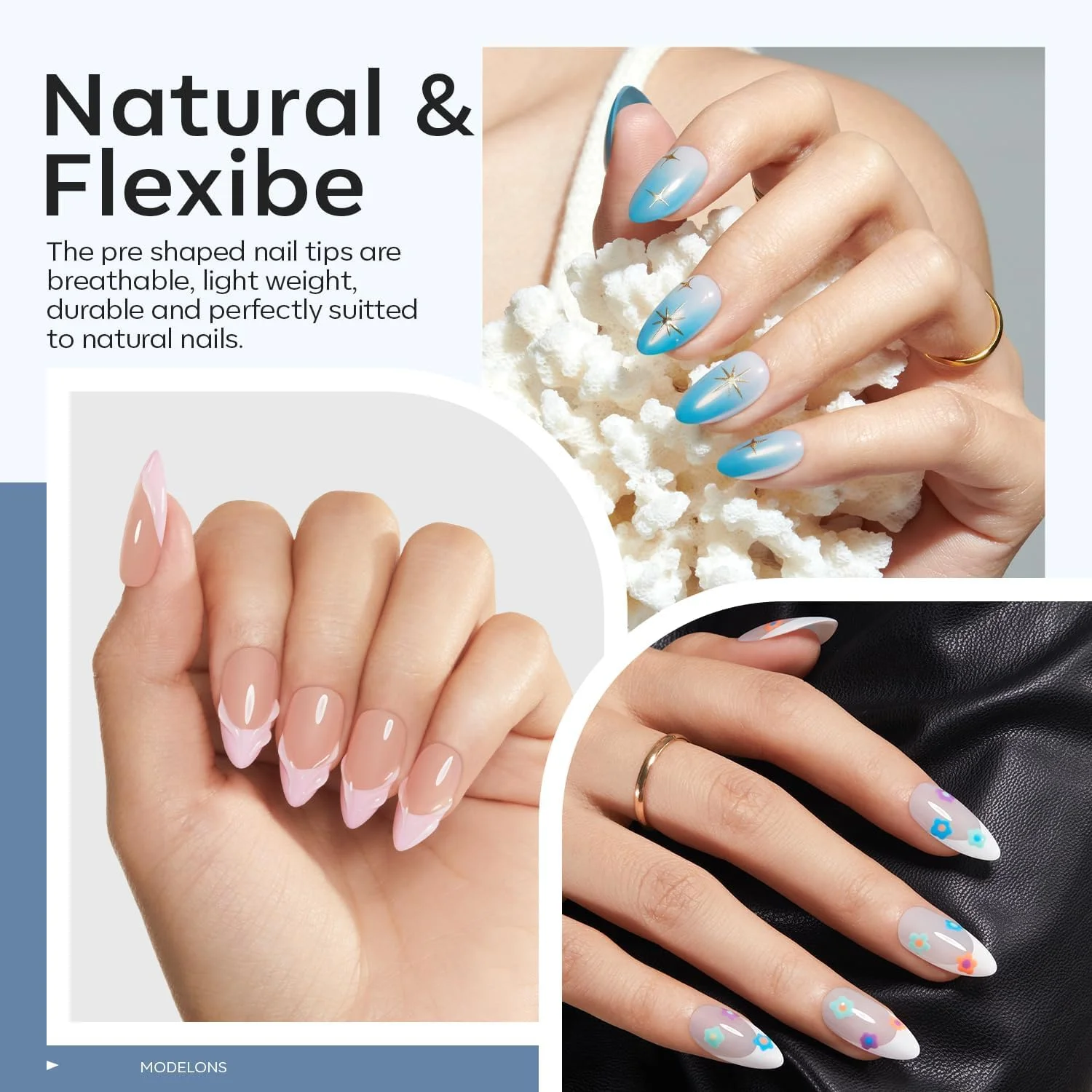 ست ناخن ژلی Modelones، تیپ ناخن بادامی متوسط، چسب ناخن 9 در 1 و لامپ ناخن قابل حمل UV، 216 عدد در 12 سایز مختلف، مناسب برای طراحی و کاشت ناخن در خانه