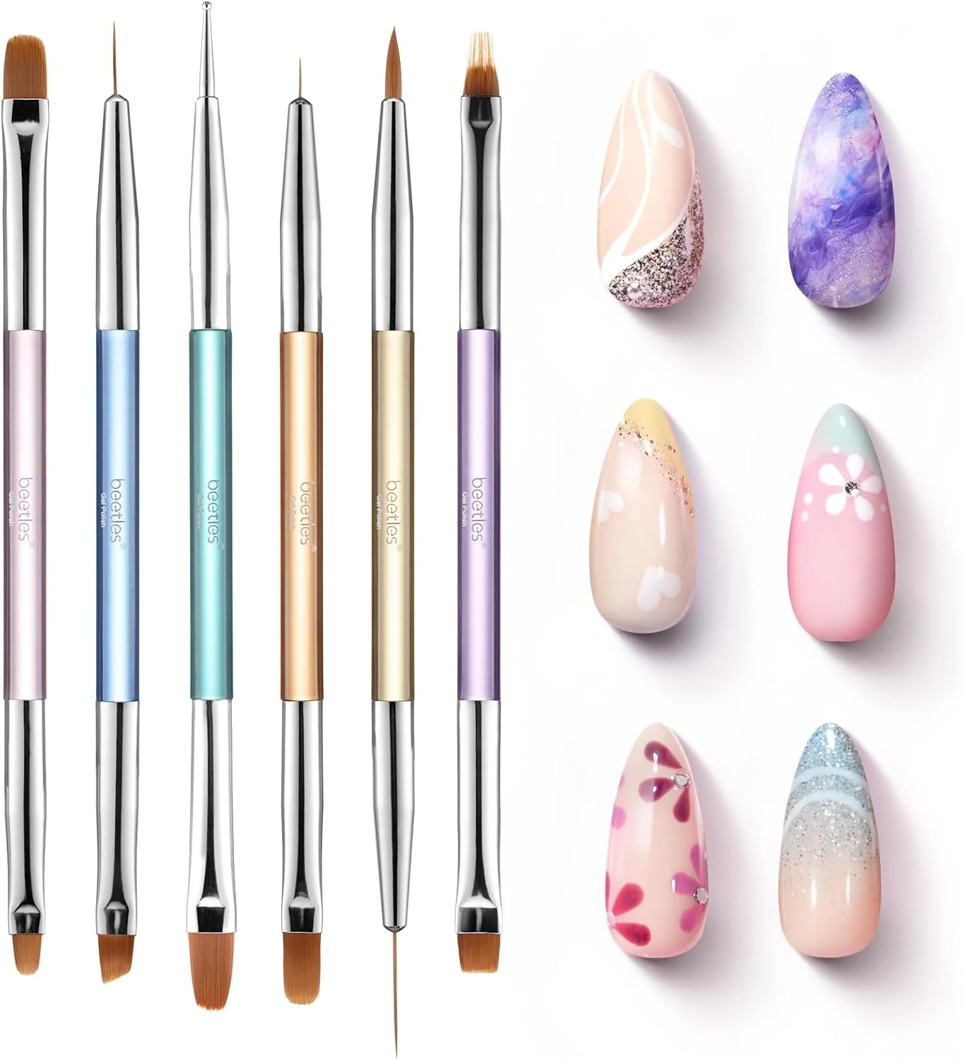 مجموعه 6 عددی قلم طراحی ناخن ژلی بیتلز با ابزارهای تخت، بیضی، فرانسوی، گرادیان، خطی و نقطه گذاری برای مانیکور DIY سالن