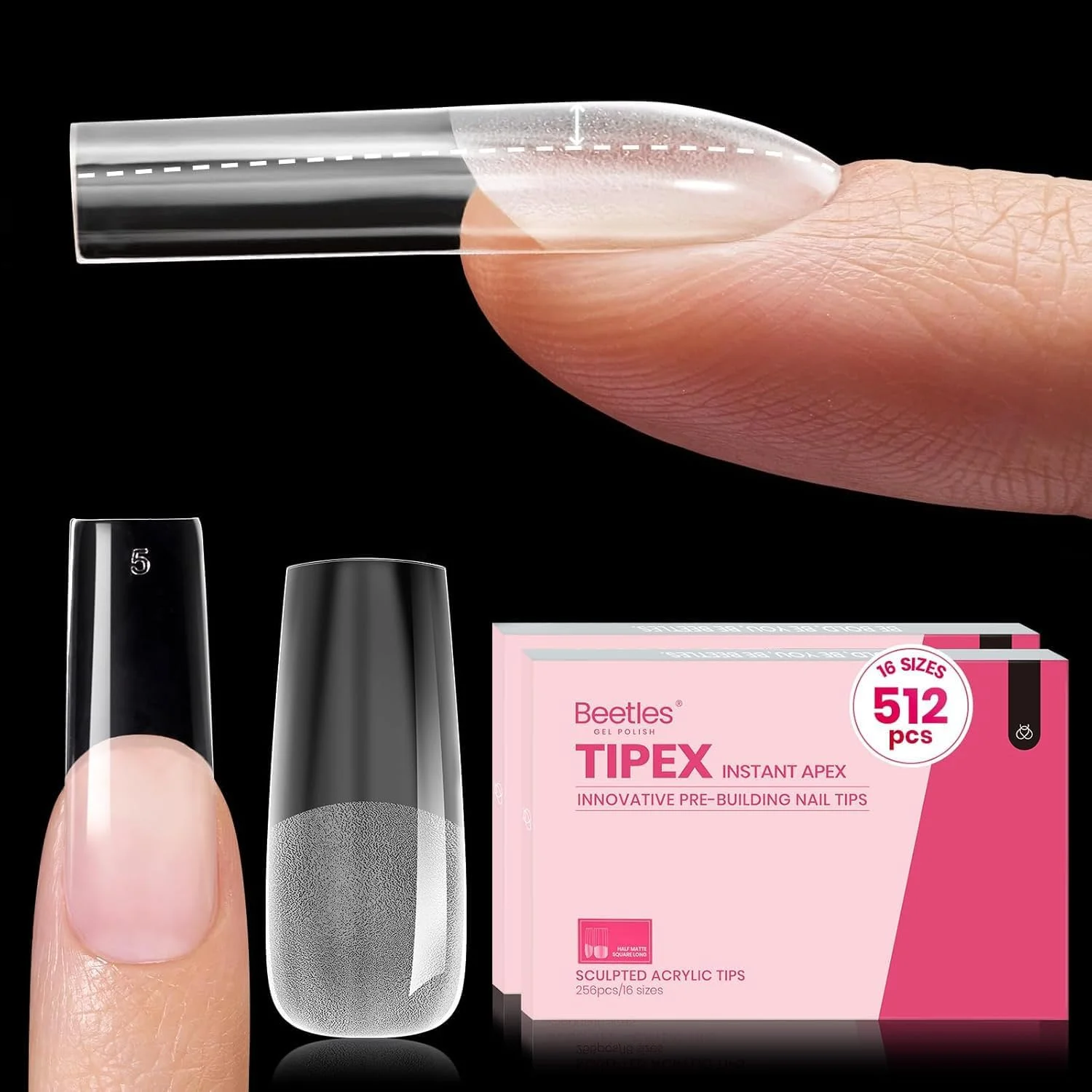 تیپ ناخن ژلی بیتلز، 512 عدد، مربع بلند از پیش ساخته و حکاکی شده، ناخن های اکریلیک ضخیم تر، پوشش کامل قوی، اکستنشن مصنوعی برای ساخت