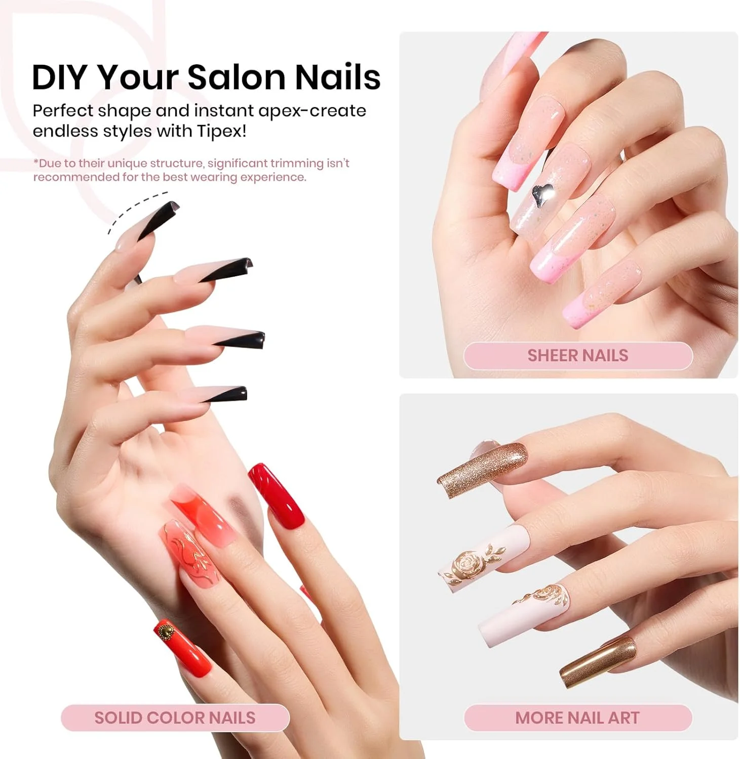 تیپ ناخن ژلی بیتلز، 512 عدد، مربع بلند از پیش ساخته و حکاکی شده، ناخن های اکریلیک ضخیم تر، پوشش کامل قوی، اکستنشن مصنوعی برای ساخت