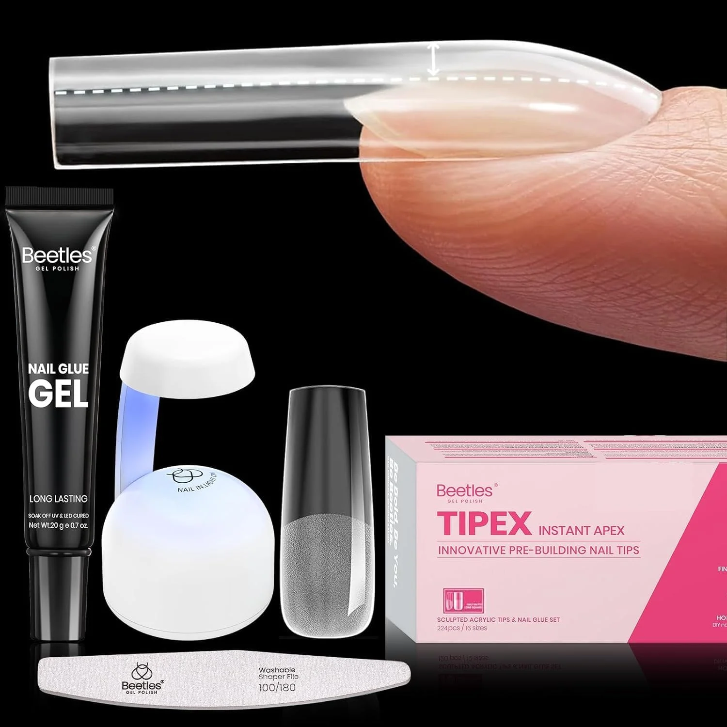 کیت ناخن مصنوعی Beetles، مربع بلند، خمیده، نیمه مات، 224 عدد، 16 سایز، ناخن های مصنوعی از پیش ساخته شده با چسب، مینی لامپ - ست اکریلیک ضخیم برای P