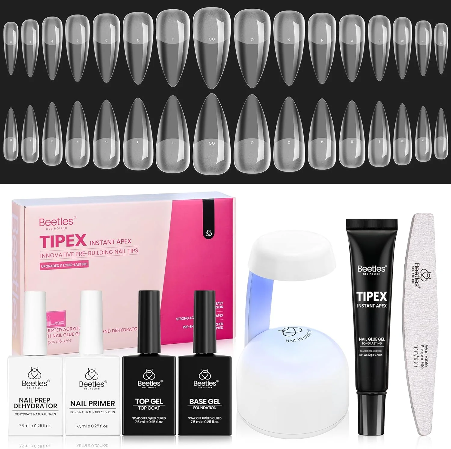 کیت ناخن مصنوعی Beetles Tipex Instant Apex - استیلتو مدیوم، تیپ های اکرلیک ضخیم از پیش آماده شده با چسب ناخن Tipex، دهیدراتور، پرایمر، بیس کت و تاپ کت، مینی لامپ UV، 224 عدد در 16 سایز