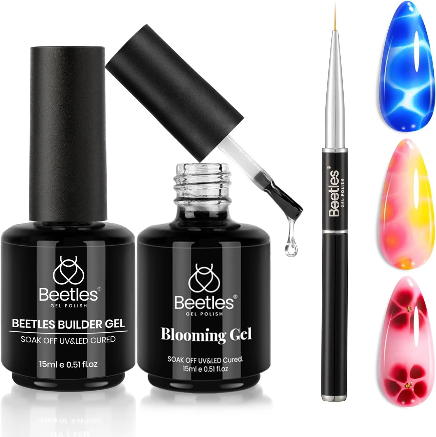 ست ژل بیلدر و ژل بلومینگ Beetles - لاک طراحی ناخن برای ایجاد افکت پخش شونده سنگ مرمر، قابل برداشتن با خیساندن زیر لامپ LED، هدیه مانیکور DIY برای خانم ها، 2 عدد 15 میلی لیتر