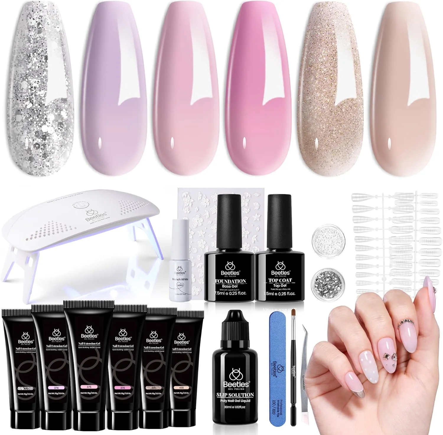 کیت ژل پولی اکستنشن ناخن بیتلز، 6 رنگ، همراه با مینی لامپ، صورتی، کرم، بنفش، مناسب برای مبتدیان، محلول های غلیظ کننده، DIY، خانه، سالن، هدیه، زنان و من