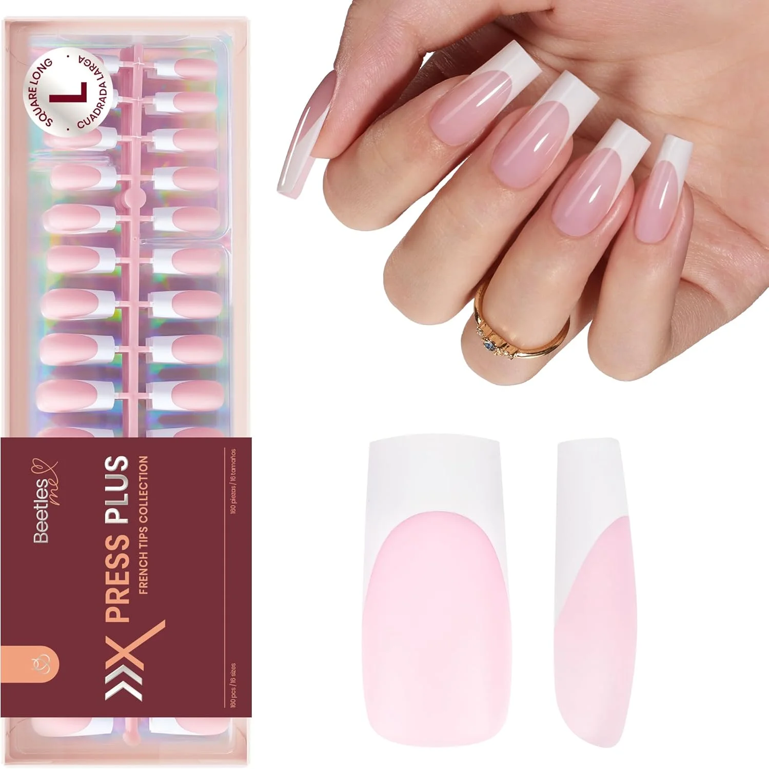 ناخن مصنوعی فرنچ با نوک های برجسته، بلند و مربعی، کیفیت سالنی، نوک های سفید-صورتی، 15 سایز، بدون نیاز به سوهان کشی، مناسب برای کاشت با اکریلیک