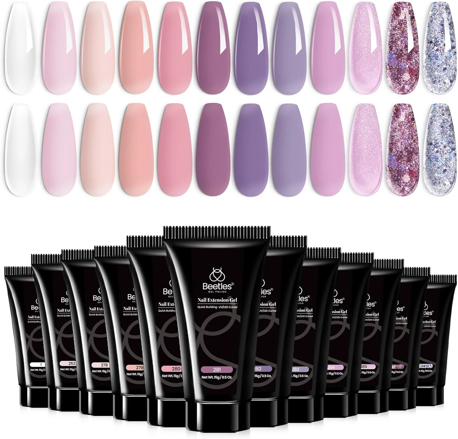 کیت اکستنشن ناخن پلی ژل Beetles، ۱۲ رنگ متنوع، ژل انعطاف پذیر رز پلی، ژل اکستنشن ناخن سفید صورتی بنفش اکلیلی، طراحی آسان هنر ناخن مناسب تمام فصول، مناسب استفاده شخصی در منزل