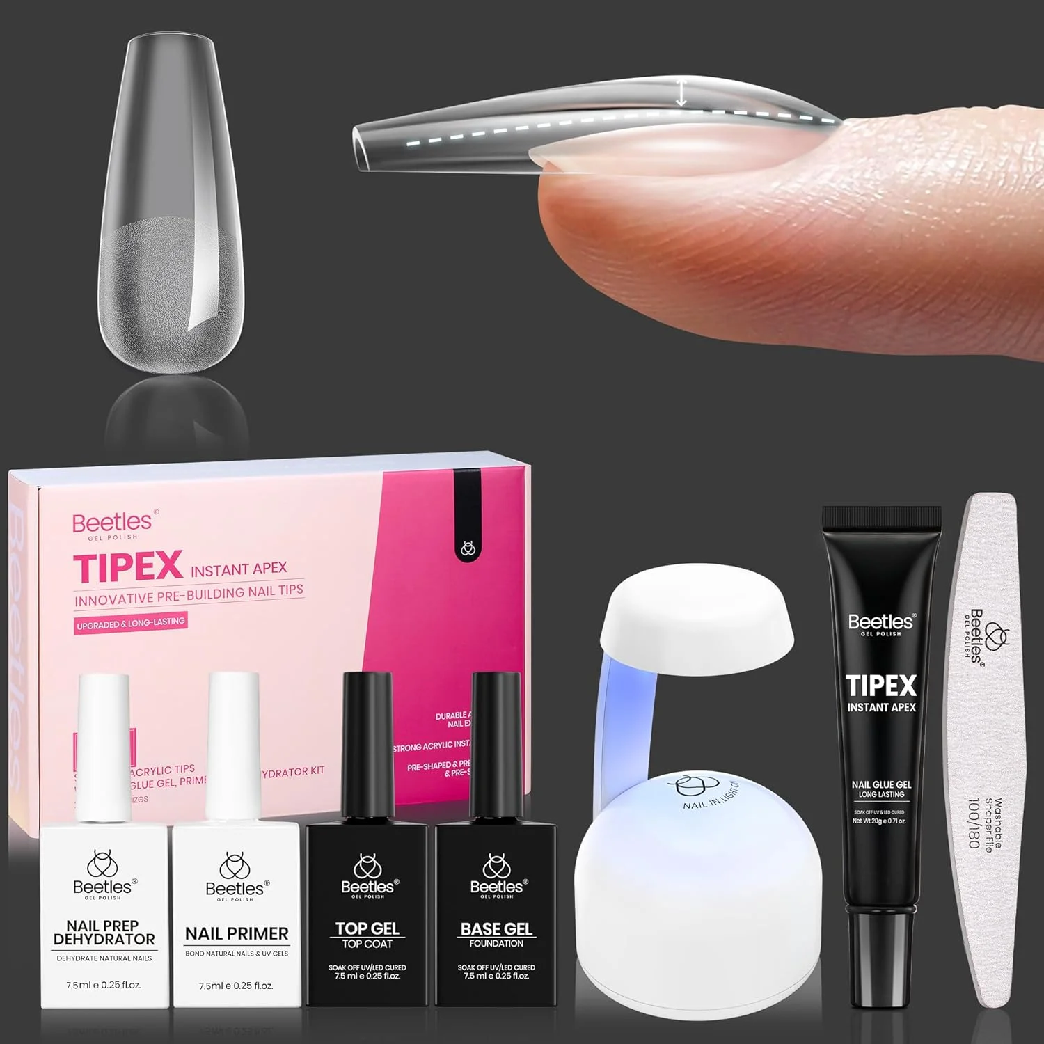 کیت تیپ ناخن فوری Beetles Tipex – مدل Coffin Medium، شامل 224 عدد در 16 سایز | تیپ های از پیش آماده شده، ضخیم و پوشش کامل اکریلیک به همراه چسب ناخن، دهیدراتور، پرایمر، بیس کت و تاپ کت، مینی لامپ UV