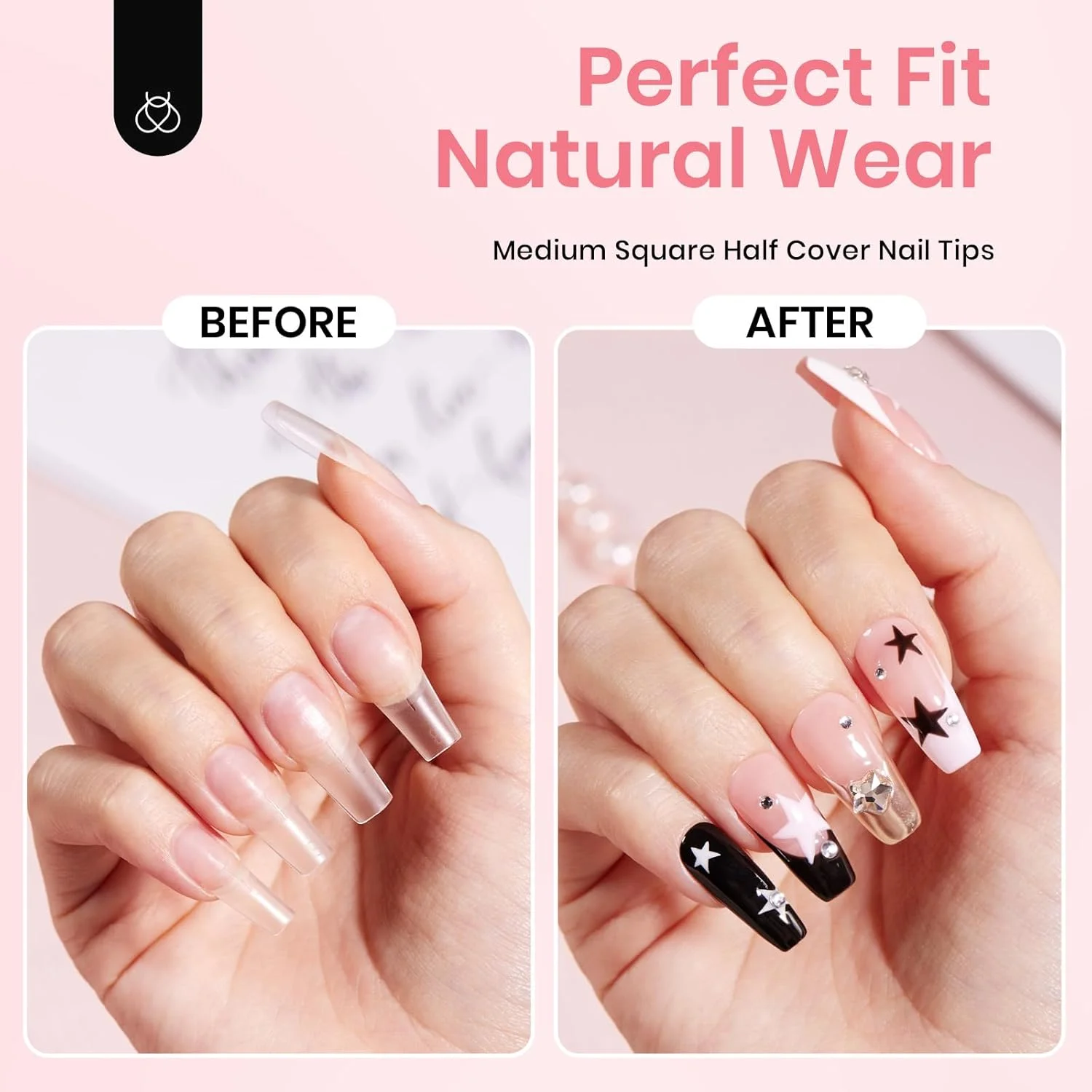 تیپ ناخن ژلی مربعی متوسط Beetles به همراه چسب ناخن، ۱۲ سایز ۲۸۸ عددی پوشش نیمه برای کاشت ناخن