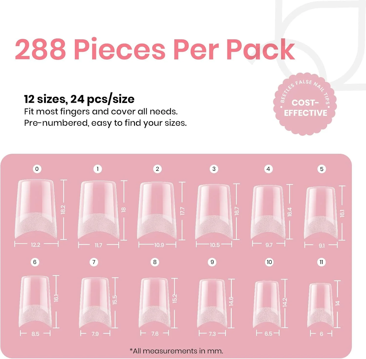 تیپ ناخن ژلی مربعی متوسط Beetles به همراه چسب ناخن، ۱۲ سایز ۲۸۸ عددی پوشش نیمه برای کاشت ناخن
