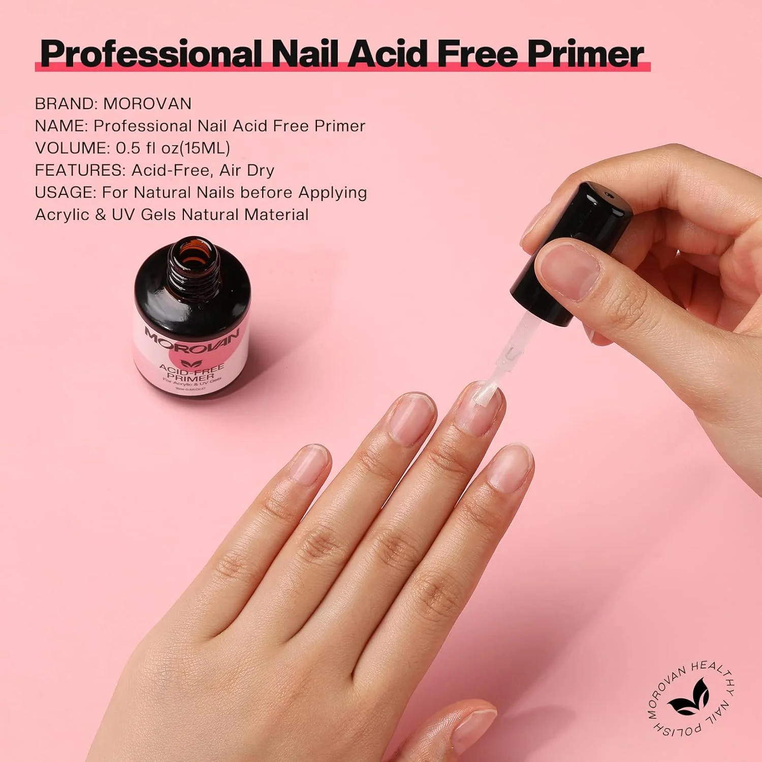 پرایمر بدون اسید موروان، پرایمر پیوند ناخن طبیعی حرفه ای، پرایمر پیوند برتر بدون اسید 15 میلی لیتر برای لاک ژل ناخن، سیستم ژل UV، نکات مانیکور، استفاده کاربردی
