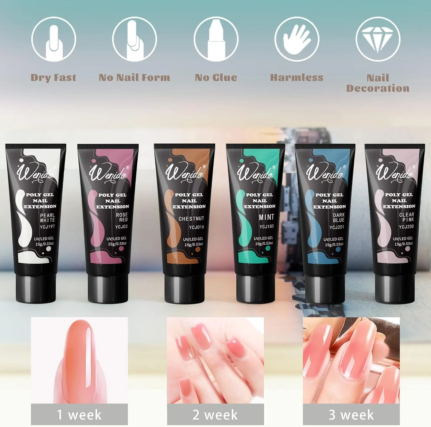 ست ژل کاشت ناخن Wenida، 6 رنگ پاییزی، کالباسی، آبی، خاکستری، ژل سازنده ناخن، ست ژل تقویت ناخن برای طراحی و مانیکور ناخن در خانه