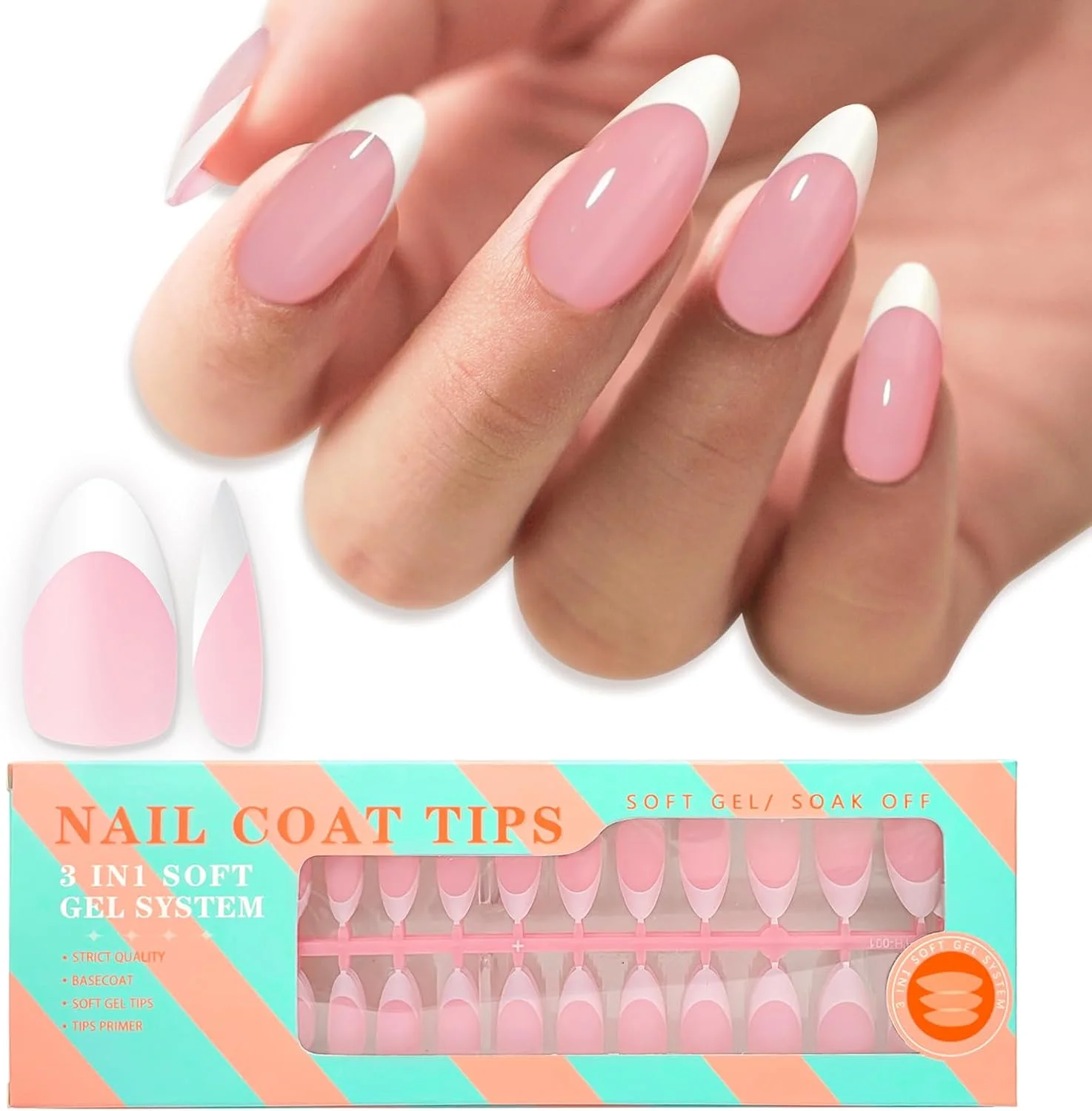 تیپ ناخن بادامی متوسط - تیپ فرنچ، ناخن مصنوعی ژلی صورتی ملایم، 15 سایز، 150 عدد، پیش پرایمر، بیس کت، ژل رنگی، ناخن های پرسی DIY برای اکستنشن ناخن