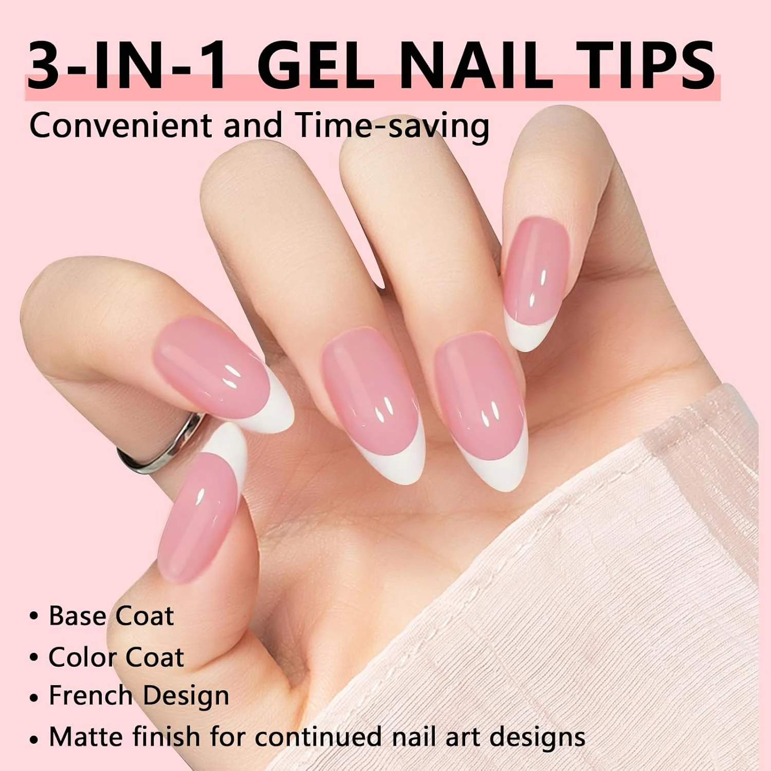 تیپ ناخن بادامی متوسط - تیپ فرنچ، ناخن مصنوعی ژلی صورتی ملایم، 15 سایز، 150 عدد، پیش پرایمر، بیس کت، ژل رنگی، ناخن های پرسی DIY برای اکستنشن ناخن