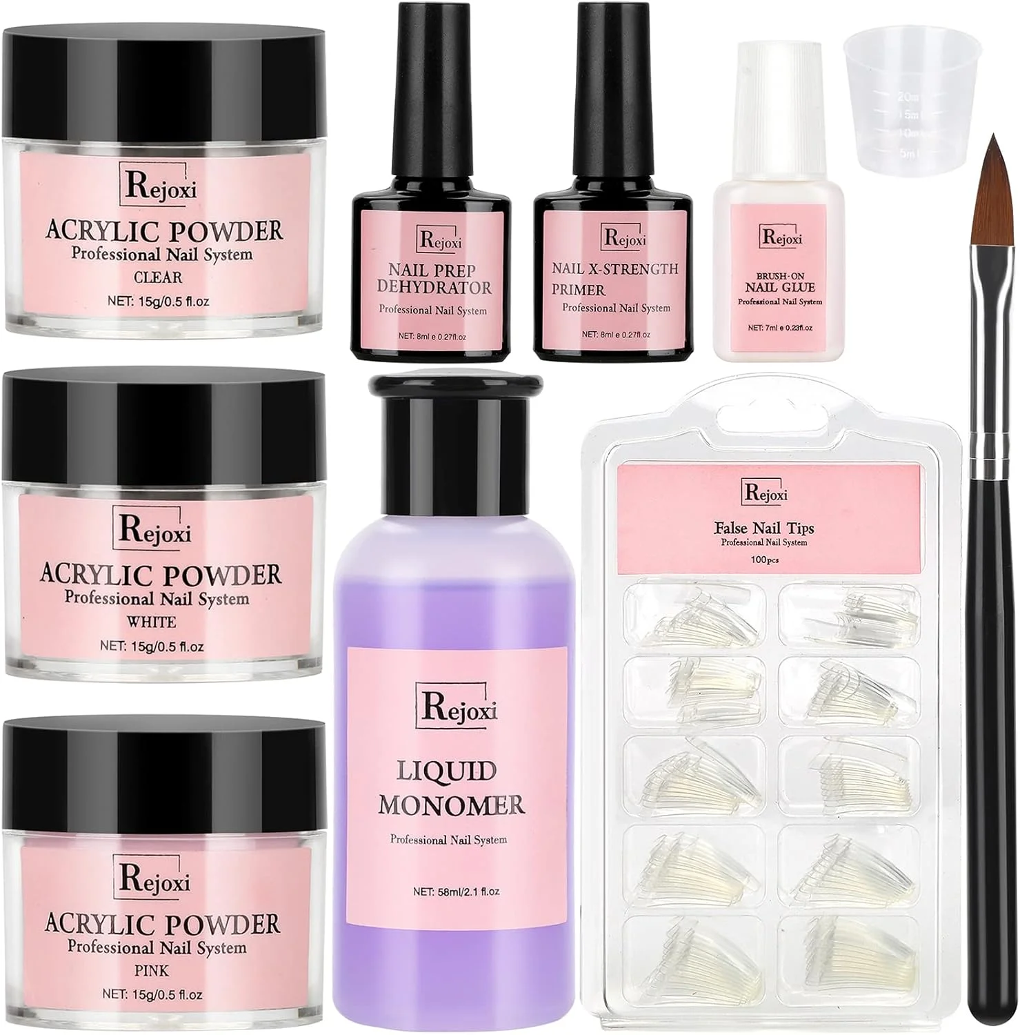 ست کاشت ناخن اکریلیک به همراه دهیدراتور و پرایمر، پودر و لیکوئید اکریلیک، تیپ ناخن فرانسوی شفاف، چسب و برس - ست کامل DIY