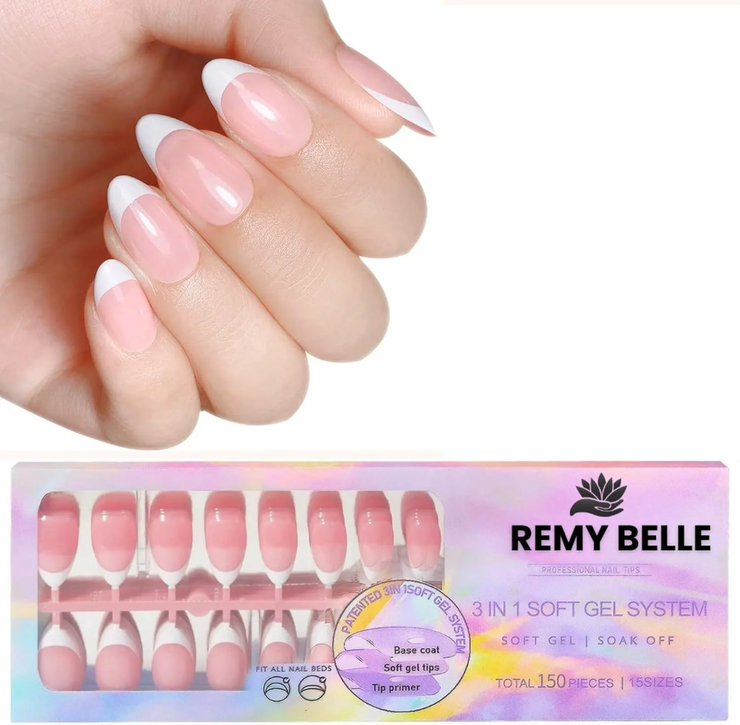 ناخن مصنوعی فرنچ ژلی - ناخن های آماده فرنچ سفید، مربعی، با پرایمر و بیس کت از قبل چسبانده شده، صورتی (صورتی بادامی فرنچ)